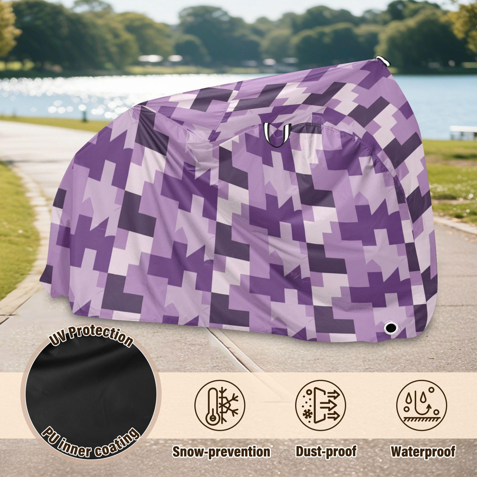 Housse de vélo étanche motif pied-de-poule - Améthyste - Avec trous de verrouillage - Anti-poussière, pluie, neige, UV - Pour VTT et route - Convient à la plupart des protections pour vélo électrique