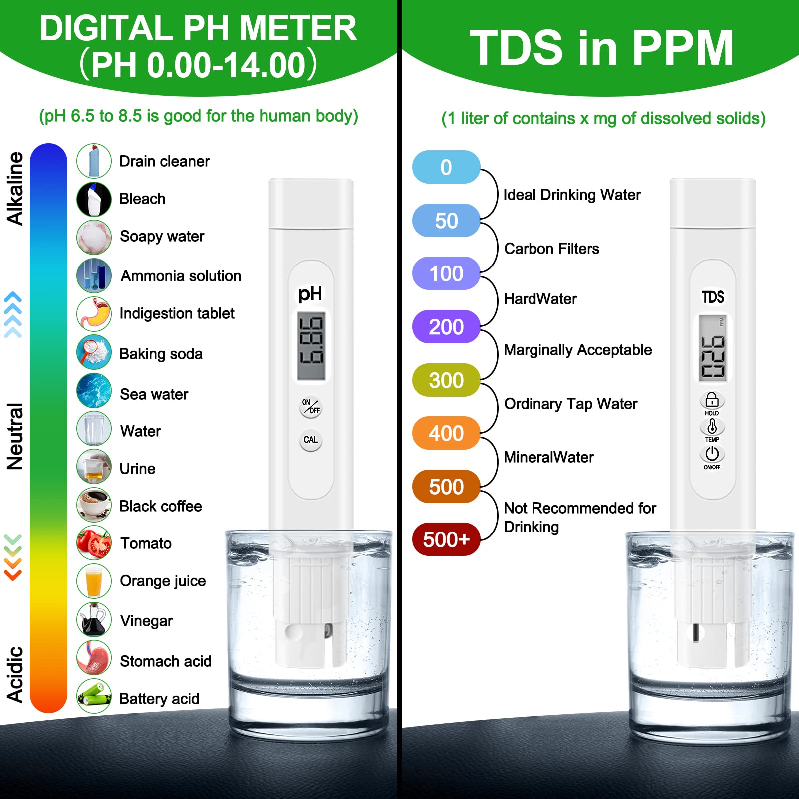 Misuratore pH TDS Combo, pH TDS Temperature 3 IN 1 Tester di qualità acqua con 0,01 pH, ± 2% Alta precisione Ideale test di purezza dell'acqua per acqua potabile, piscina, acquari, idroponica