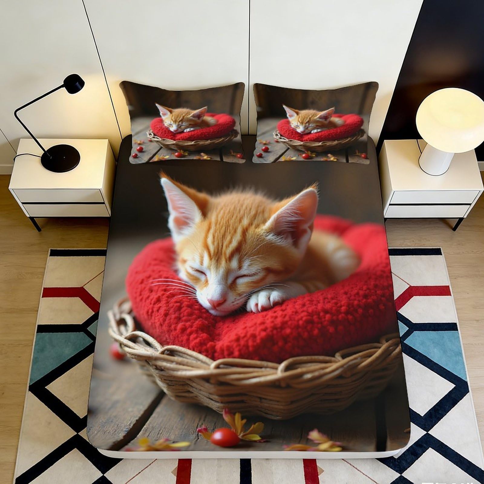 3D Printed Sleeping Kitten Fitted Sheet Microfiber Soft Breathable Cozy Basket Bed Cover for Bedroom Dormitory Guest Room Mattress Protection Decor 180x200x25cm