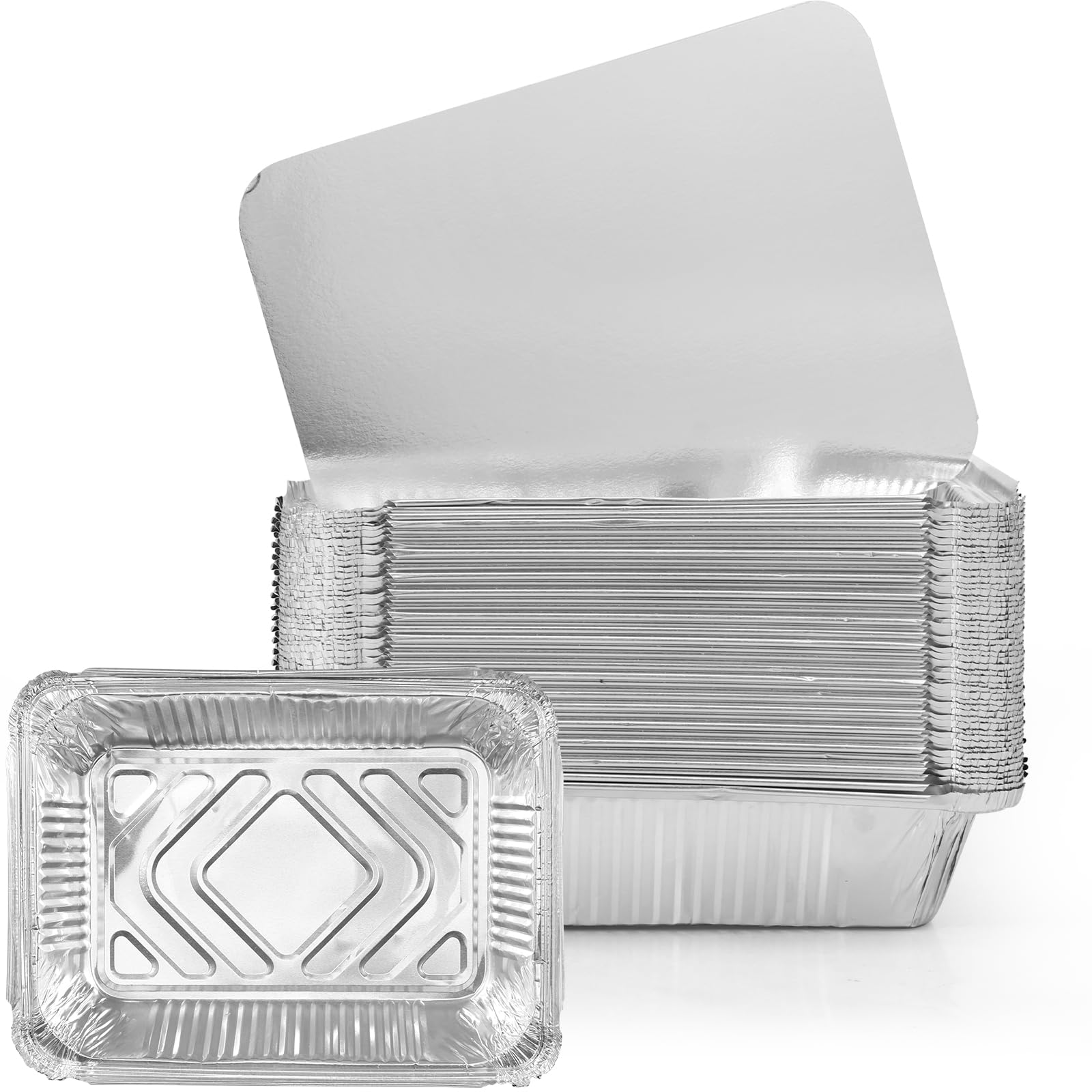 Lulobtg Silver 50 Pcs Foil Trays Disposable Aluminium Foil Trays Containers With Lids 22X16x5cm 1100Ml Non-Stick Tin Foils Containers For Meal Prep Roasting Grilling Takeaway Baking Tray