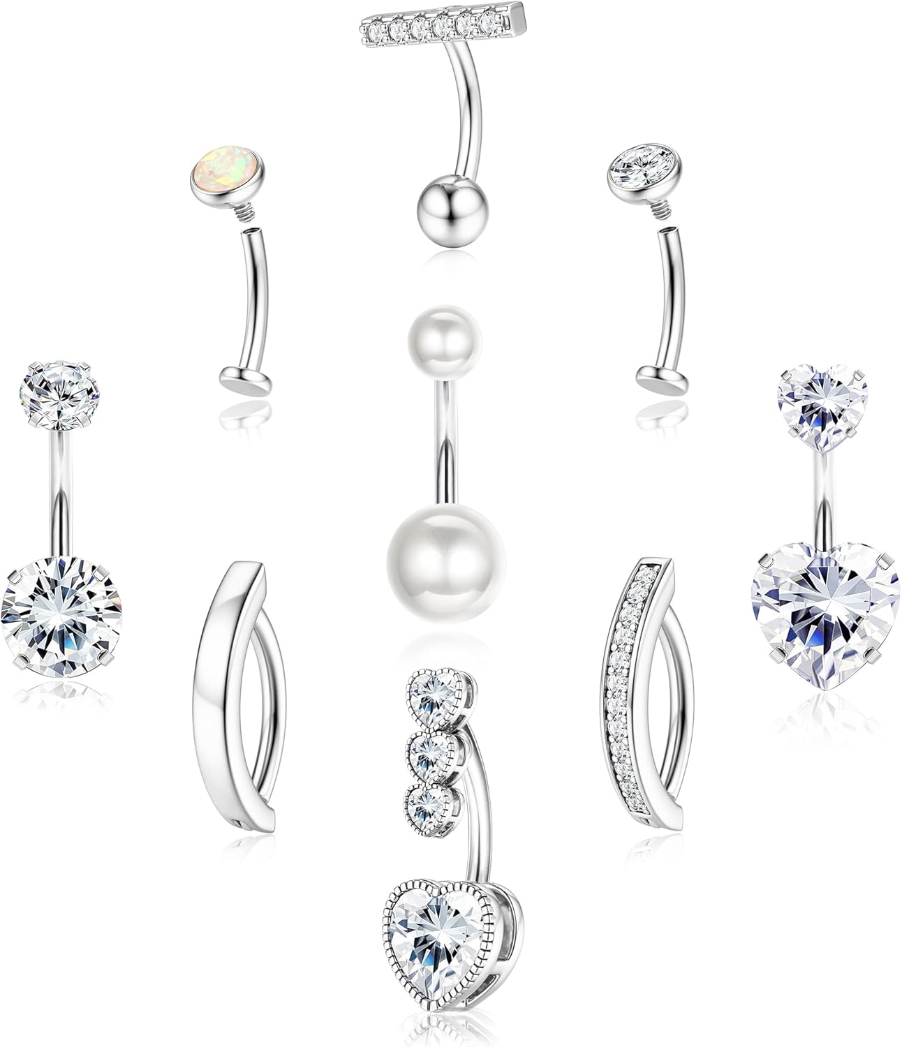 ORAZIO Gold Belly Button Ring - Hypoallergenic Surgical Stainless Steel Belly Rings for Women 14G CZ Opal Clicker Floating Belly Button Piercing Jewelry Pack Cute Dainty Navel Piercing Jewelry 9 Pcs