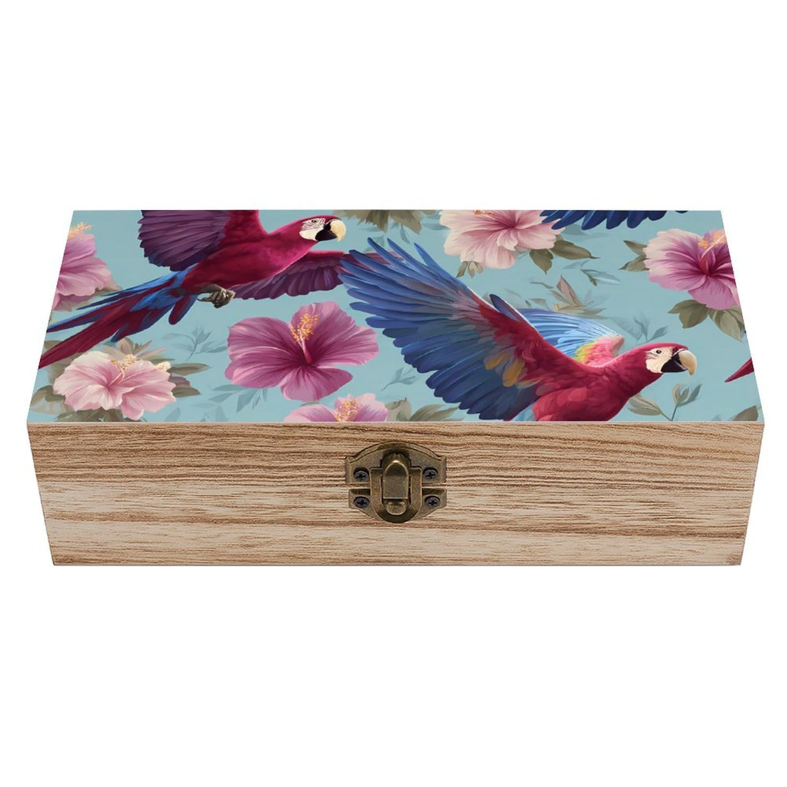 HLBSDM Colorful Parrot Wooden Box with Hinged Lid Decorative Storage Case Container