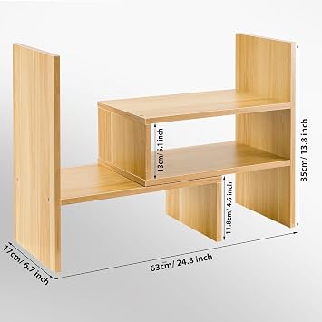Adjustable Desktop Bookshelf Expandable Wooden Desk Organiser, Small Desktop Storage Rack for Books, Office Supplies, Space-Saving Bookcase for Home Office (Natural)