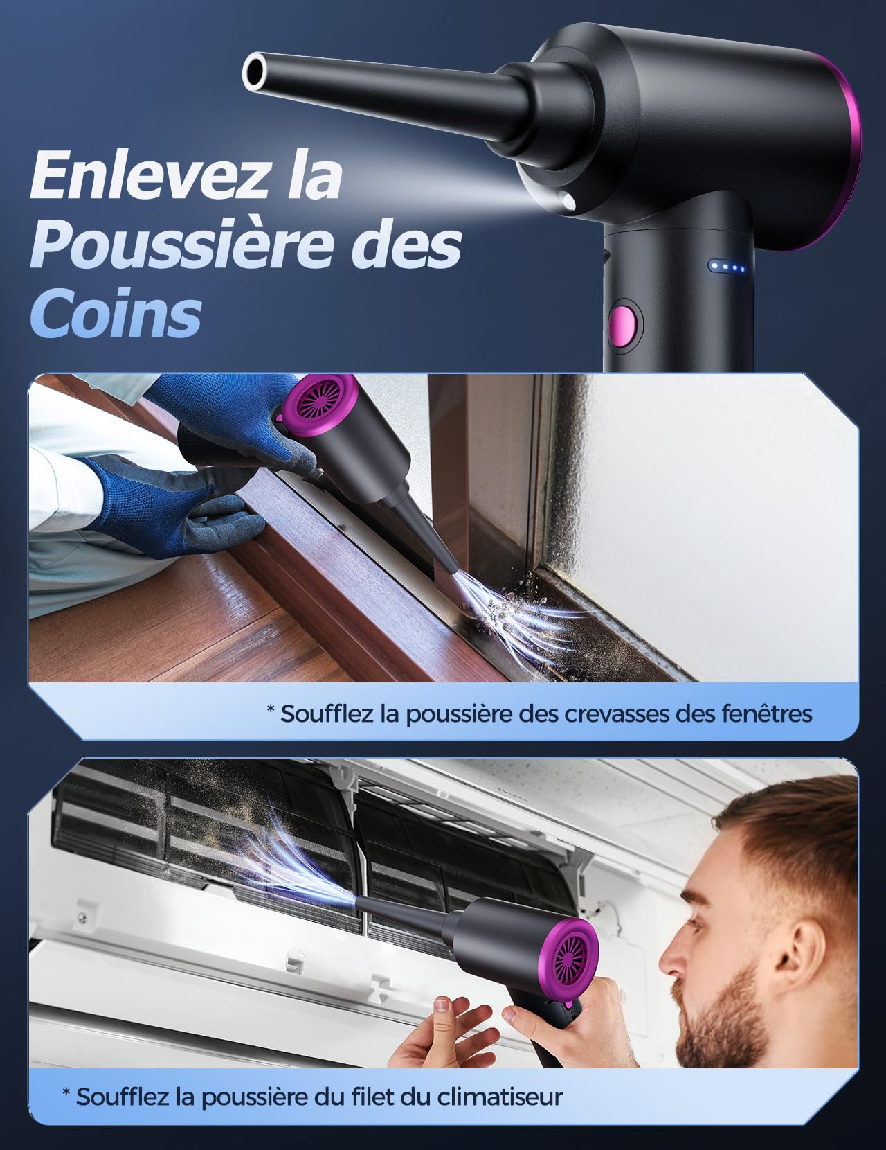 Souffleur Air Comprimé 100000 TR/Min Batterie 9000mAh Kit Nettoyage Clavier Aspirateur 3 Vitesses Lumière LED PC
