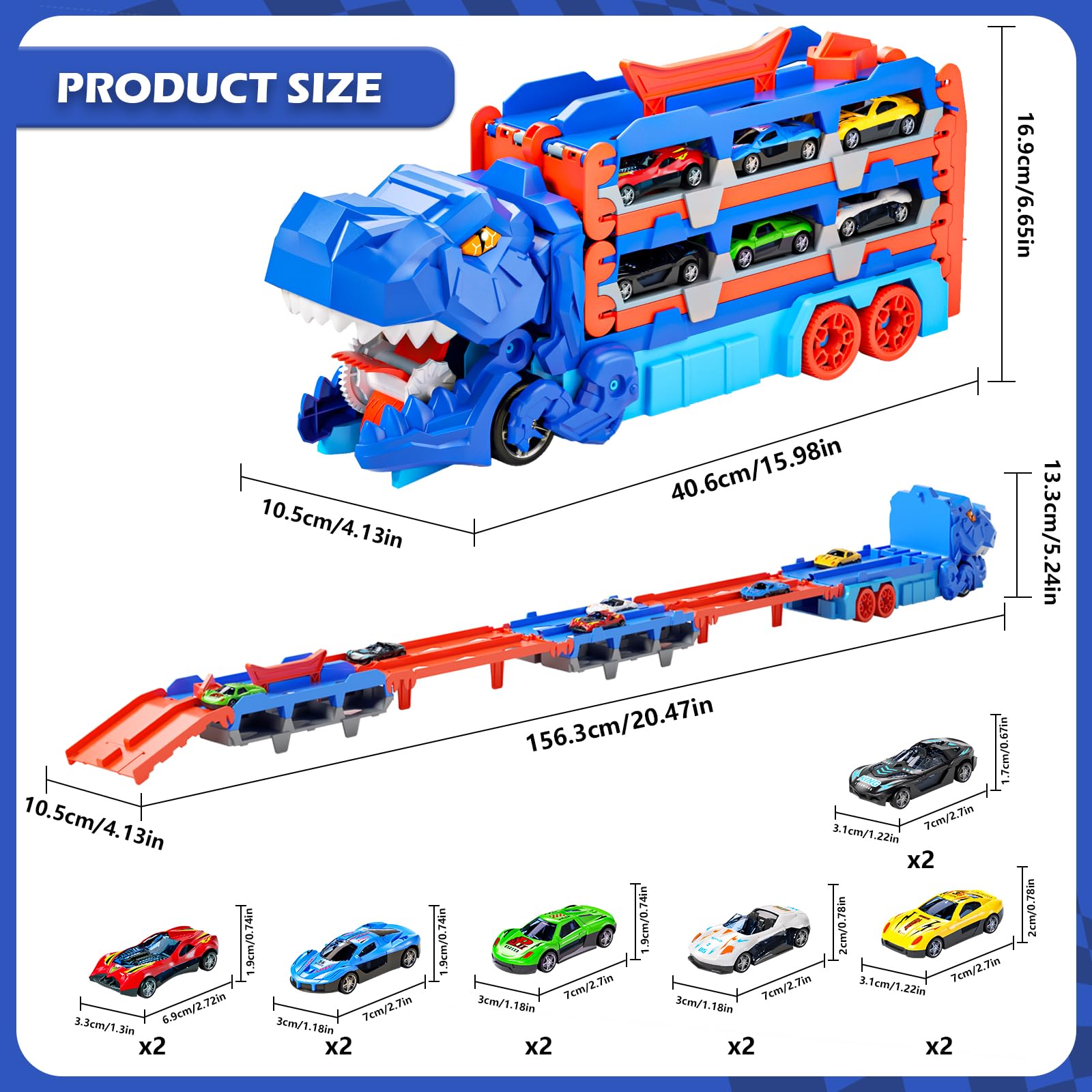 Doloowee 2-in-1 Dinosaurier Transporter-Set für 3 4 5 jährige Jungen, 155 cm Spur Rennwagen Spielzeug Tragbare Transport LKW Spielzeug mit 12 Mini Rennwagen