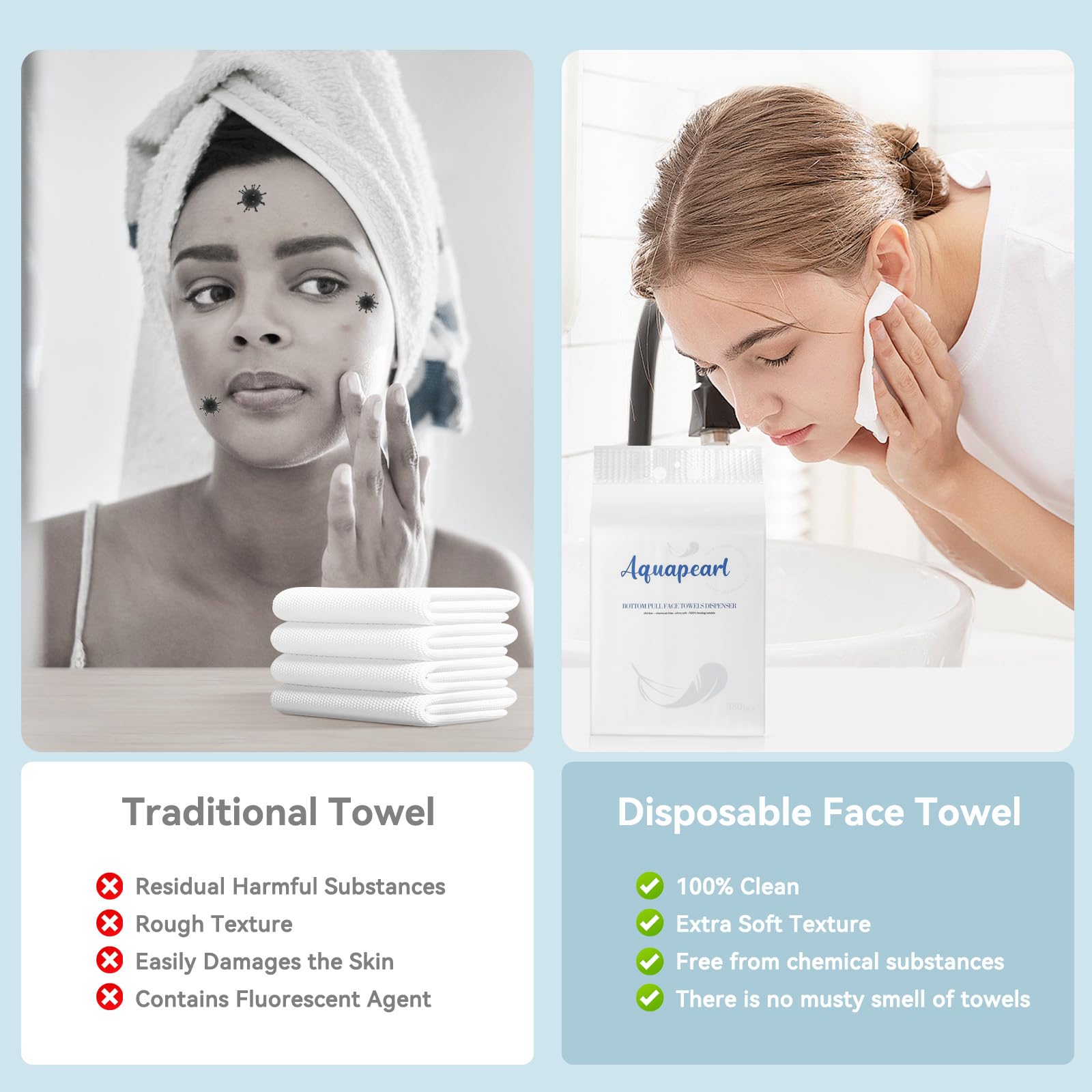 Dispensador de toallas faciales 100% USDA, toalla facial desechable, toallitas secas desmaquillantes, ultra suaves, 180 unidades, 1 paquete