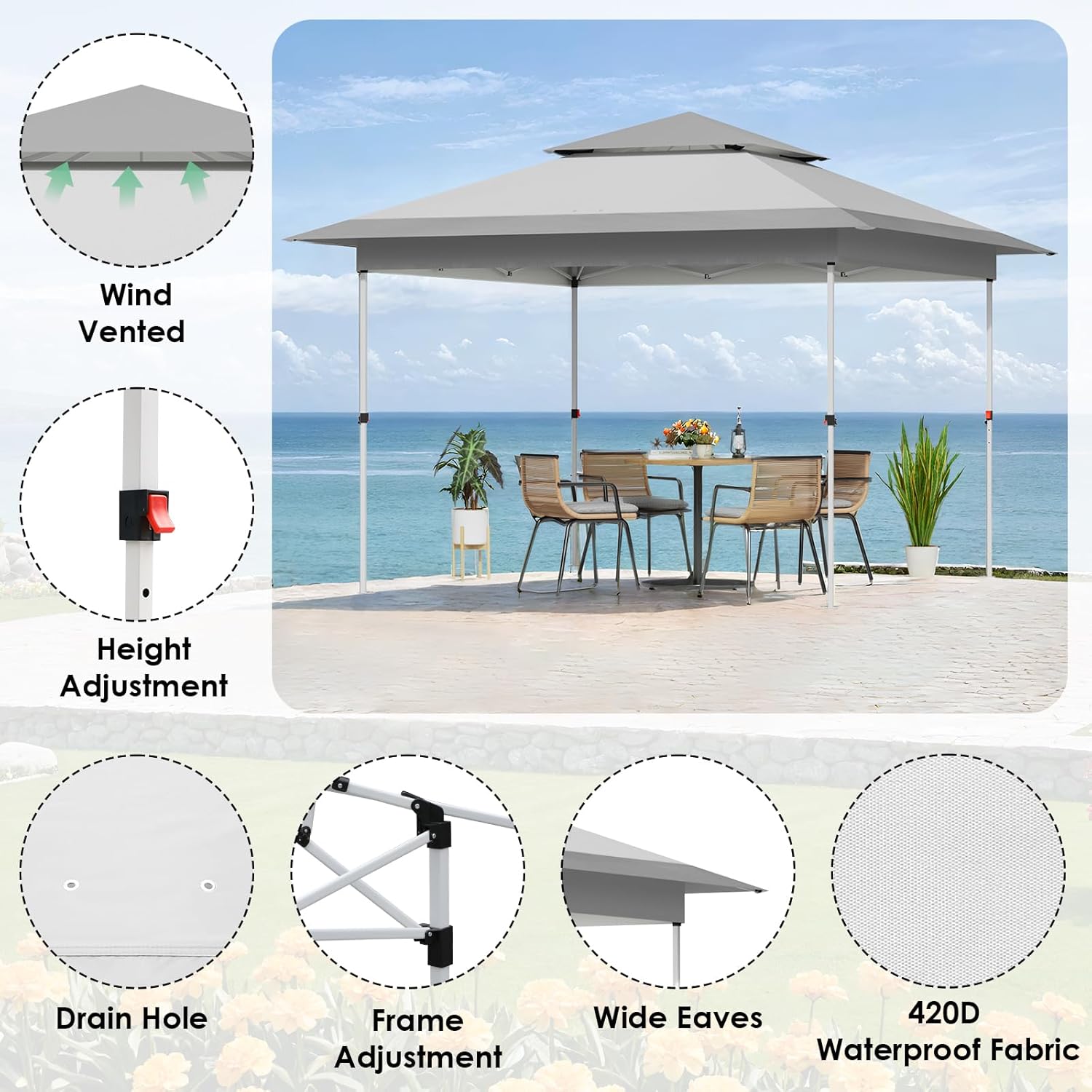 TLSUNNY 13X13 Pop Up Canopy Tent, Camping Shader W/Overhanging Eaves & Sand Bag, Outdoor Gazebo Shelter W/One Push Setup & Wheeled Bag, Height Adjustable, for Patio, Market, Party (Grey, 13FTX13FT)