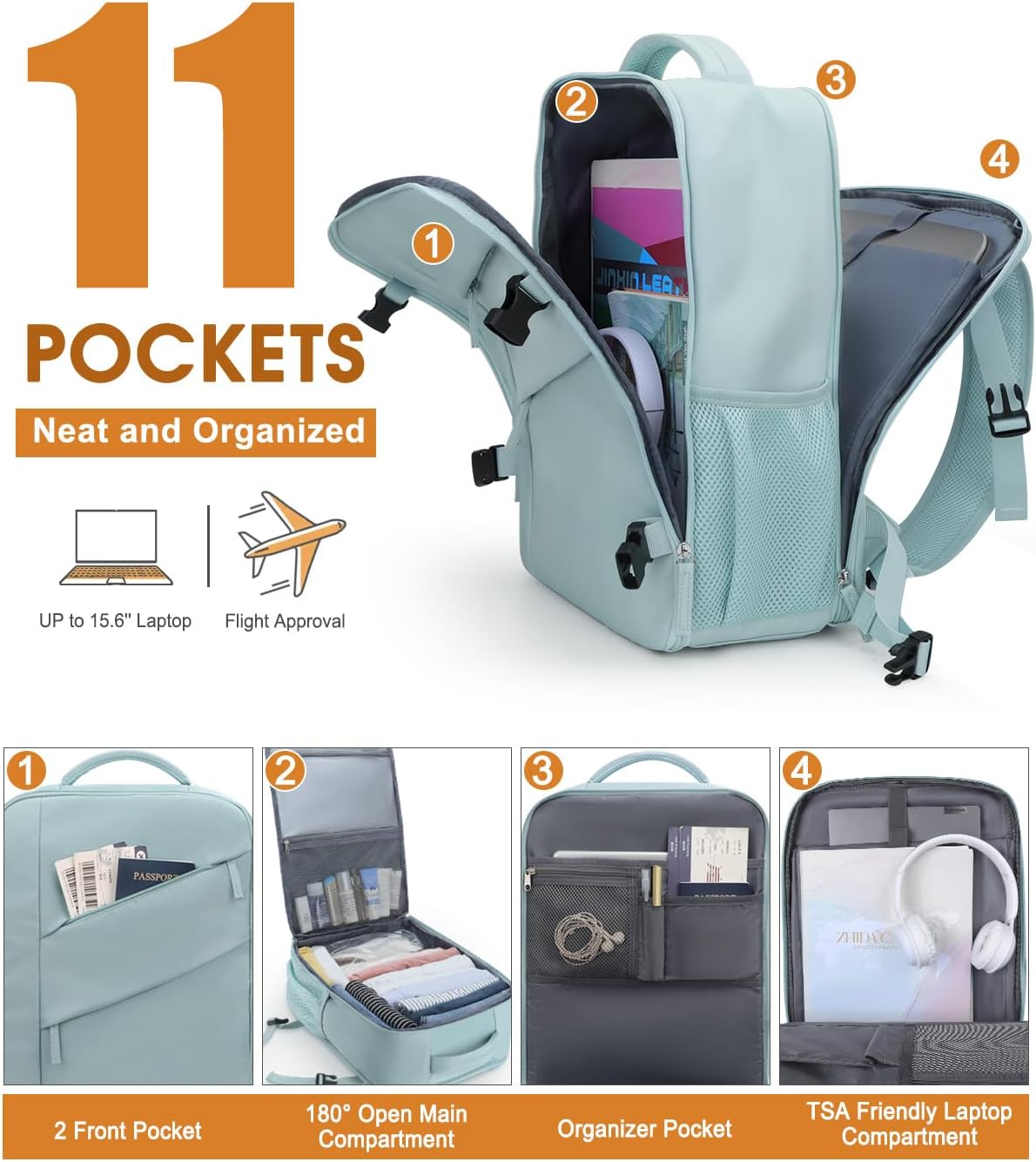 Capolo Travel Backpack for Women Men Waterproof Laptop Backpack Flight Approved Carry On Backpack Overnight Weekender Bag College Bookbag for Business, Work, Traveling Fits 15.6 '' Laptop,Lake Blue - Image 4