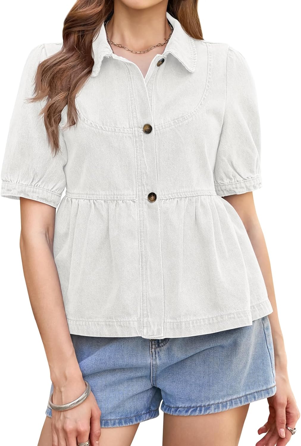 Yousify Womens Button Down Denim Shirts Short Puff Sleeve Babydoll Peplum Casual Jean Tops Summer Ruffle Flowy Blouses - Image 4