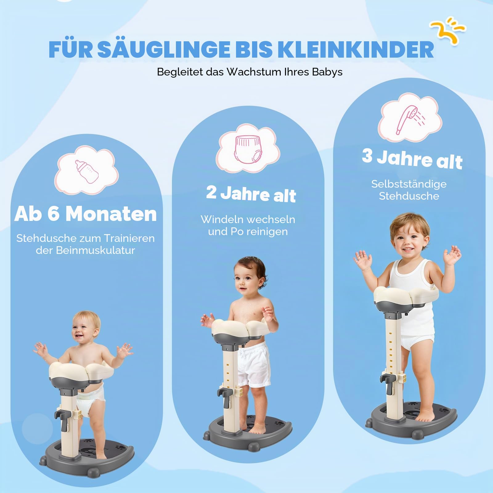 Baby Dusche Ständer, Höhenverstellung 40-57cm, Baby Shower Stand Support mit Anti-Rutsch Basis & Rutschfester Matte, BPA-frei, Shower Support für Kinder 6-36 Monate zum Baden, Wickeln & Anziehen(Weiß)
