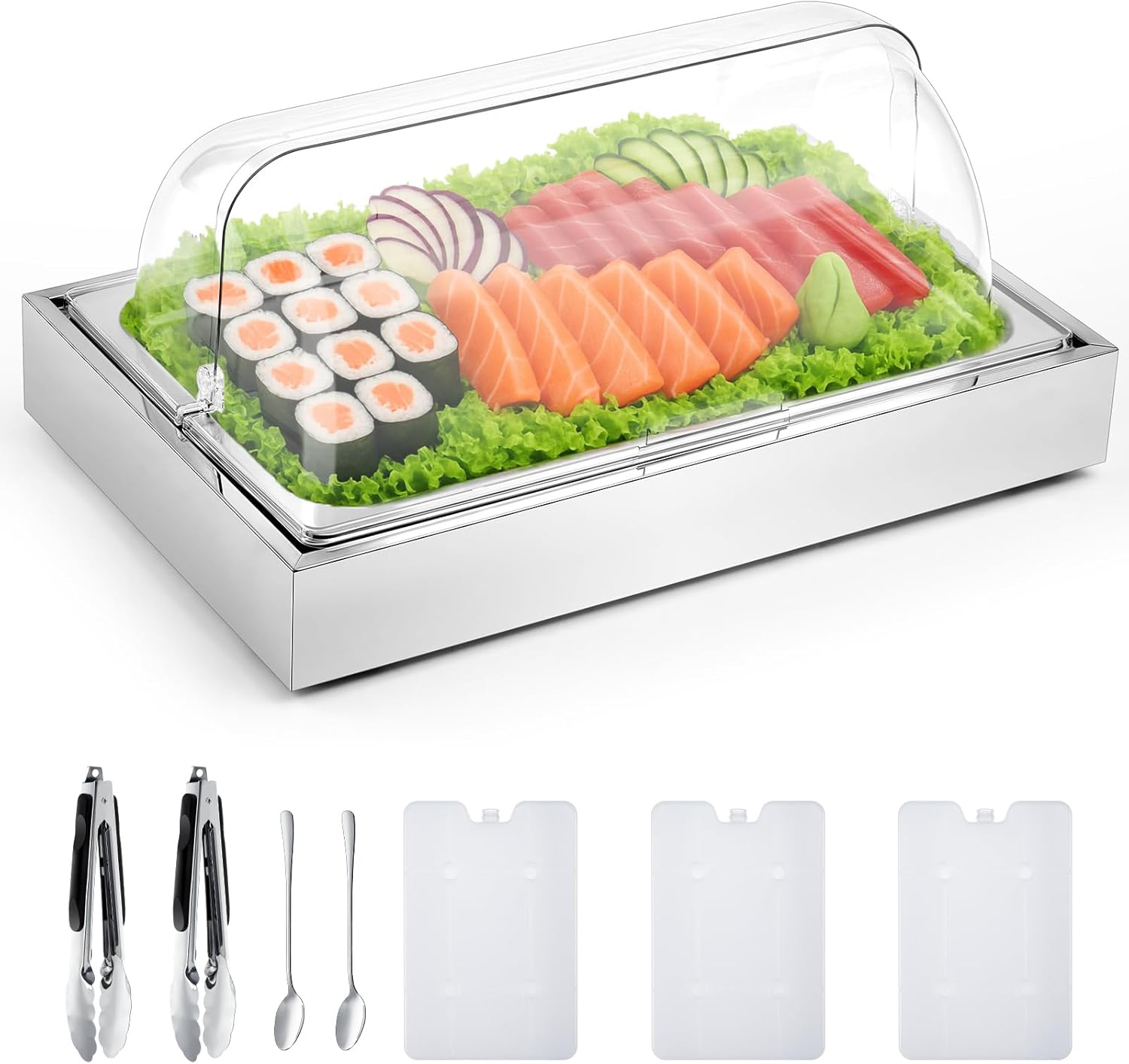 Uiifan Salad Bar Buffet Station for Home, Ice Food Serving Display Tray with Clear Roll Top Cover, Cold Food Buffet Server Trays with Clamps Spoons Ice Box for Restaurant Kitchen Party(2 Pans)