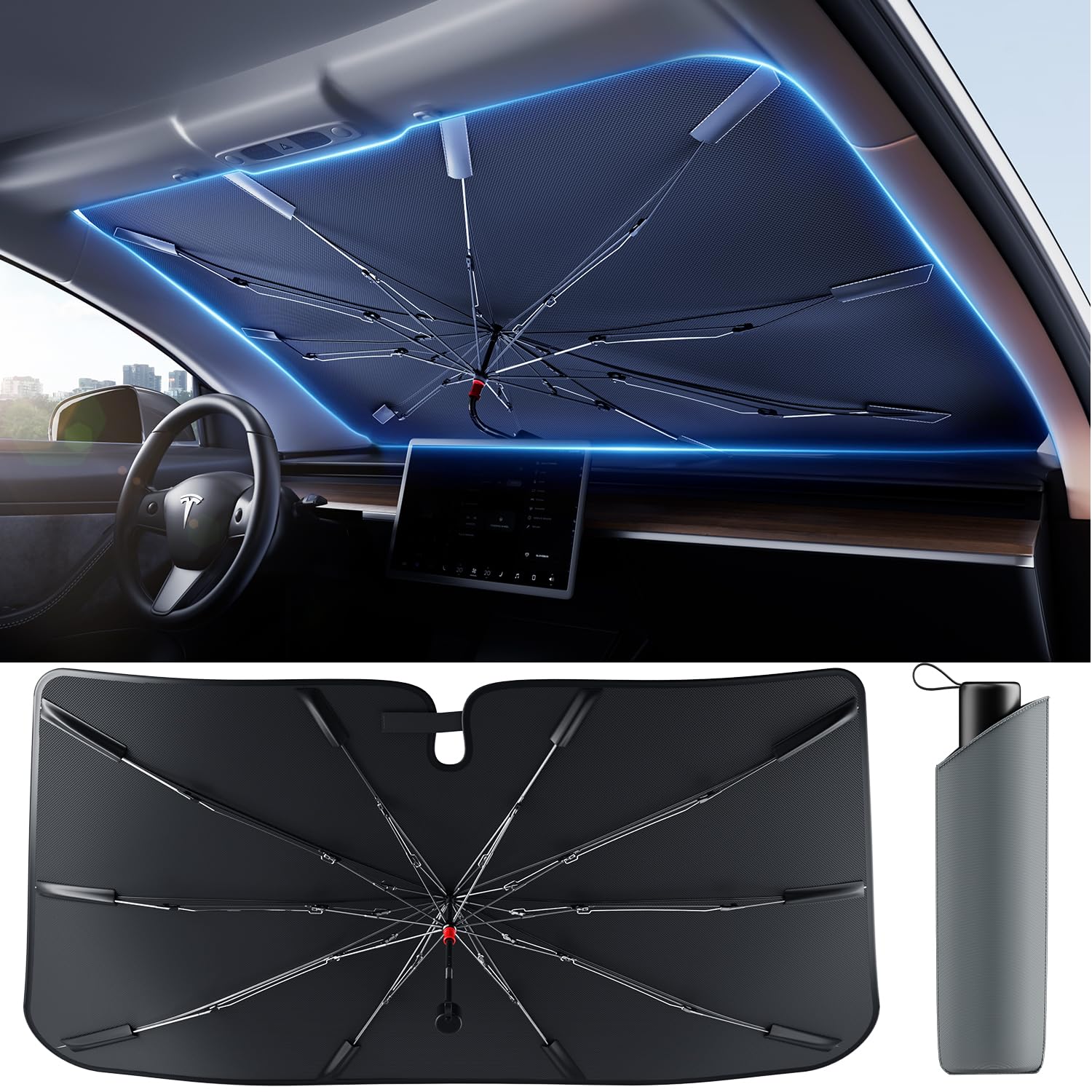 [2025 Upgrade] Weektic Windshield Sun Shade [UPF50+ Crystal Nano Reflector] Protect Car from Sun Ray Damage, Umbrella Sun Shade for Car SUV Truck Keep Cool & Comfy, Medium(57" L x 31" W)