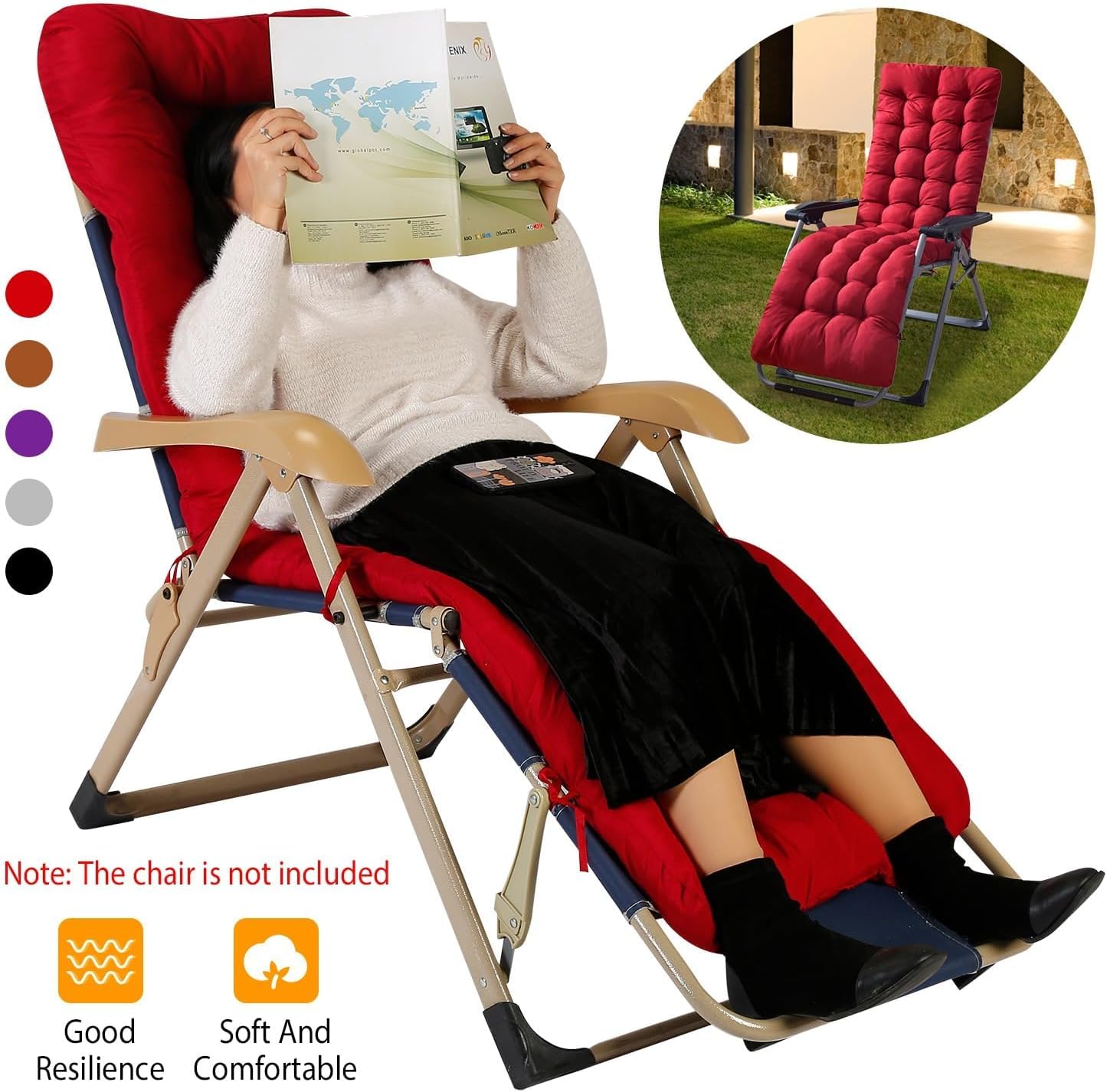 KOCASO 67x21x2in Chaise Lounge Cushion with Non-Slip Straps– Ultra Soft, Reversible Premium Pad for Sunbeds, Recliners, Deck Chairs & Patio Furniture, Indoor and Outdoor Use