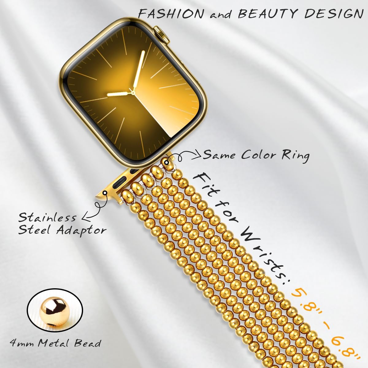 fastgo Gold Beaded Bracelet Band Compatible with Apple Watch Band 41mm/40mm/38mm/44mm/45mm/42mm/49mm Women, Dressy Elastic Stretchy Beaded Strap for Iwatch Series 9 Ultra 8 7 6 5 4 3 2 1 SE(Gold) - Image 3