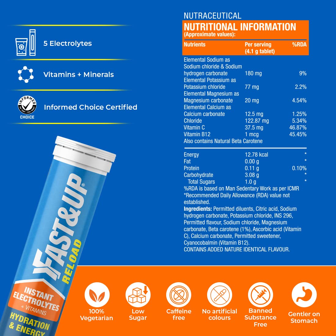 Fast&Up Reload (15 Litres) Low Sugar energy drink for Instant Hydration- 60 Effervescent Tablets with Added Vitamins - Certified Electrolytes Drink- Lime and Lemon, Orange, Berry flavour 4