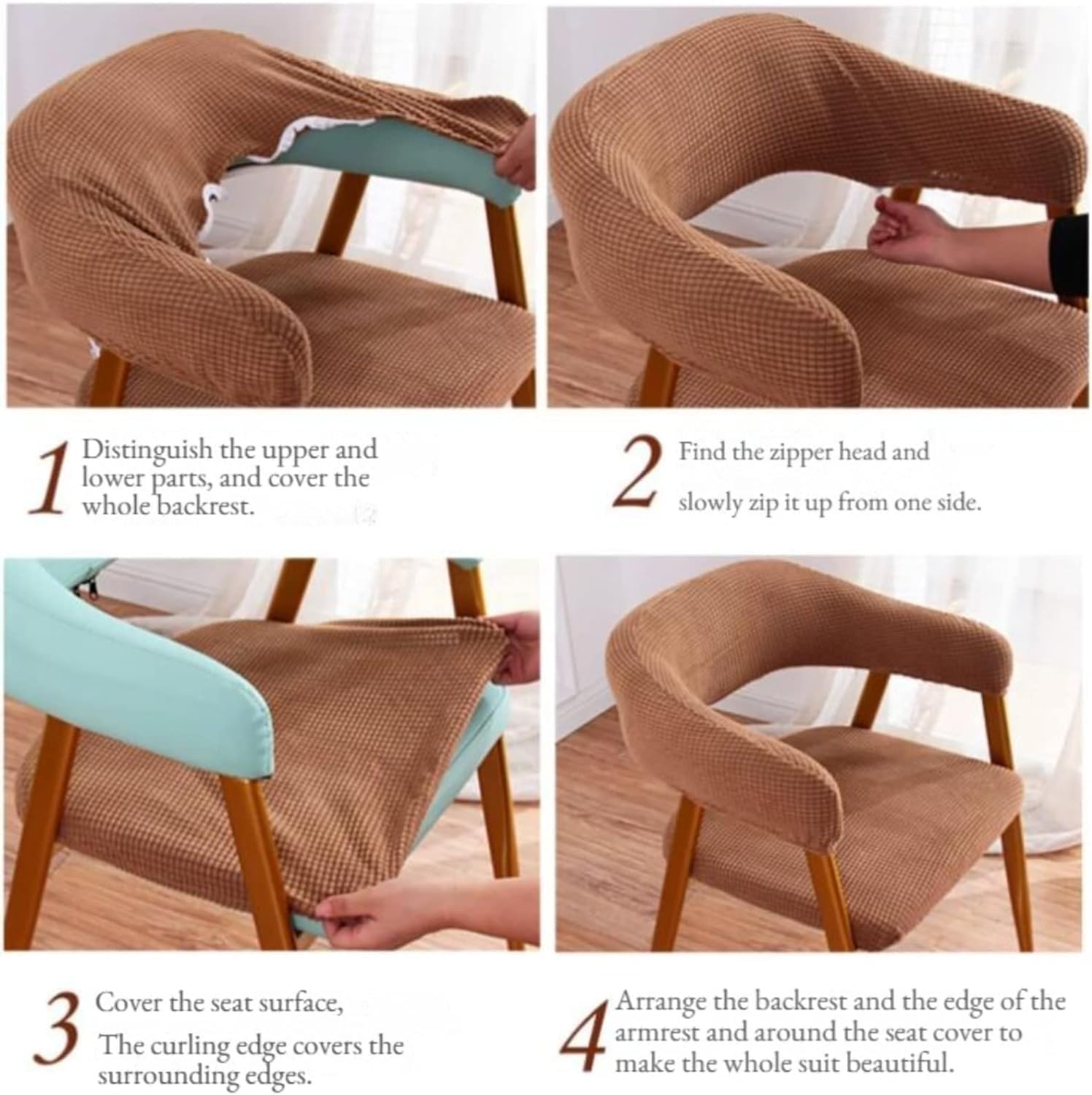 Juego de Fundas Protectoras para Sillas de Comedor, Cocina u Oficina - Elásticas, Lavables y Antideslizantes, 4/6 Piezas Modernas con Respaldo y Brazos(Beige,4pcs)