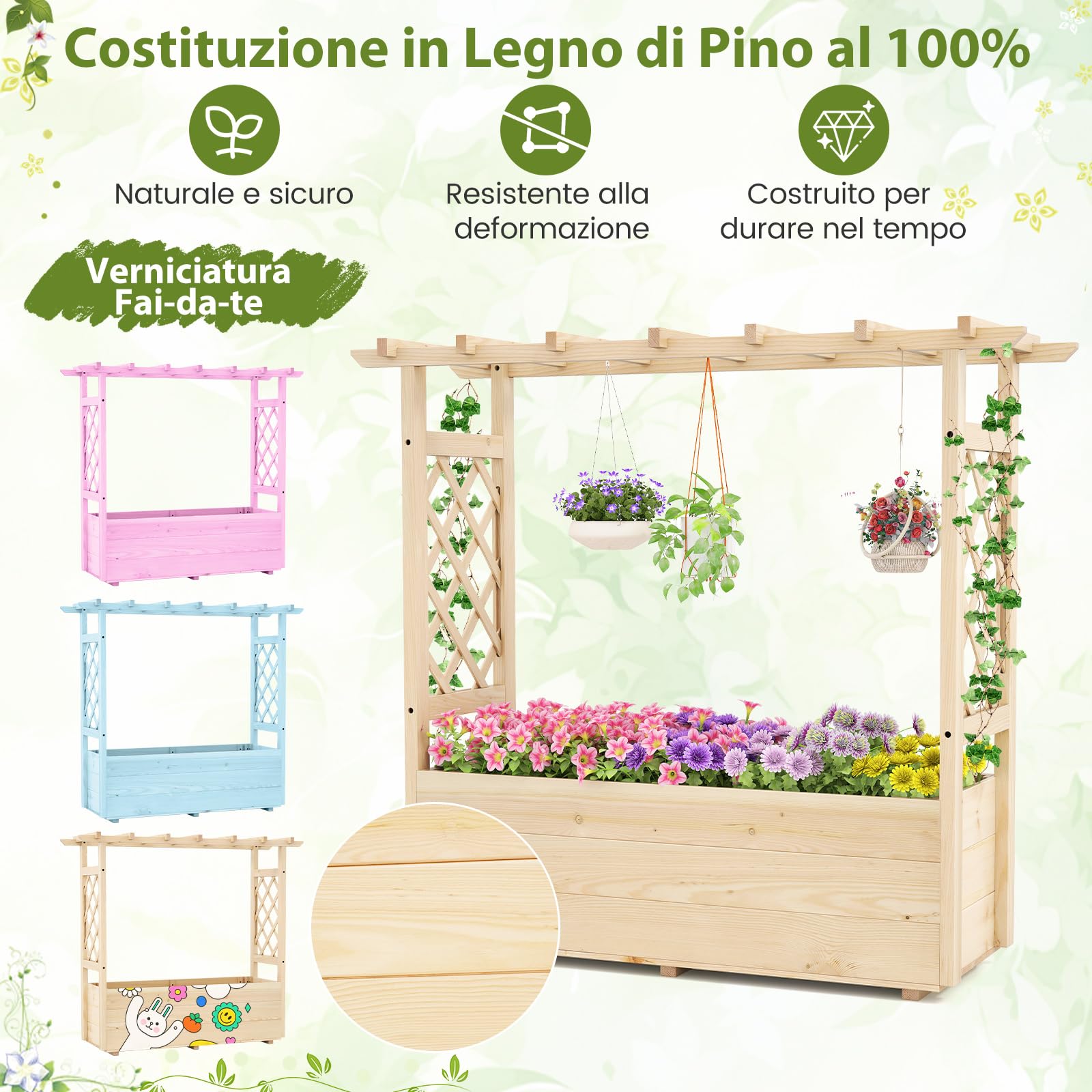 COSTWAY Fioriera Rialzata da Esterno con Grigliato | Letto Rialzato in Legno di Pino per Piante Rampicanti con Fori di Drenaggio, da Giadino, Cortile e Balcone