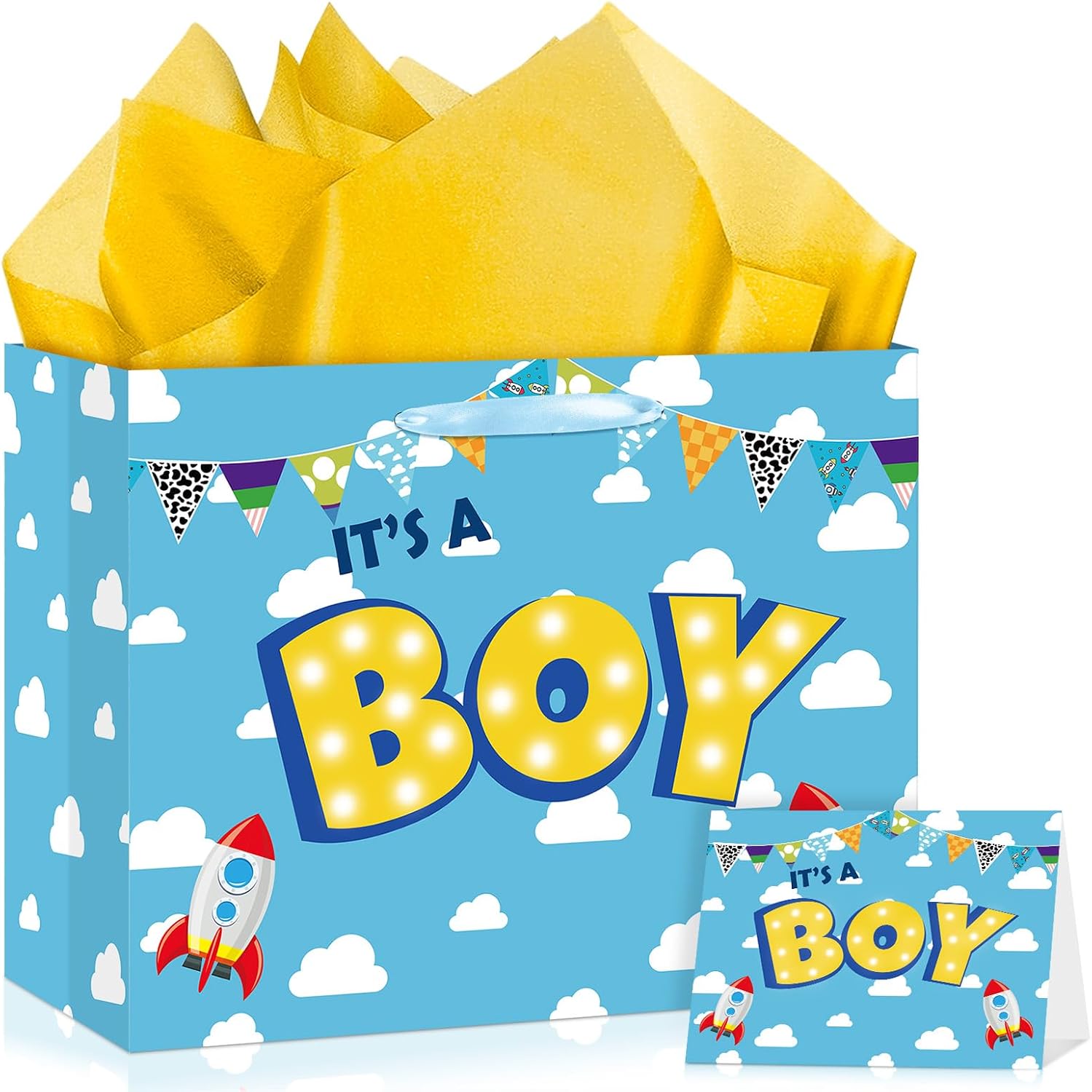 TagreSpike Cartoon Story Gift Bag It’s A Boy Story Themed Gift Bag with Card and Tissue Paper Blue Sky White Clouds Cow Print Wrapping Paper Bag for Boys Newborn Baby Shower Birthday Party Supplies