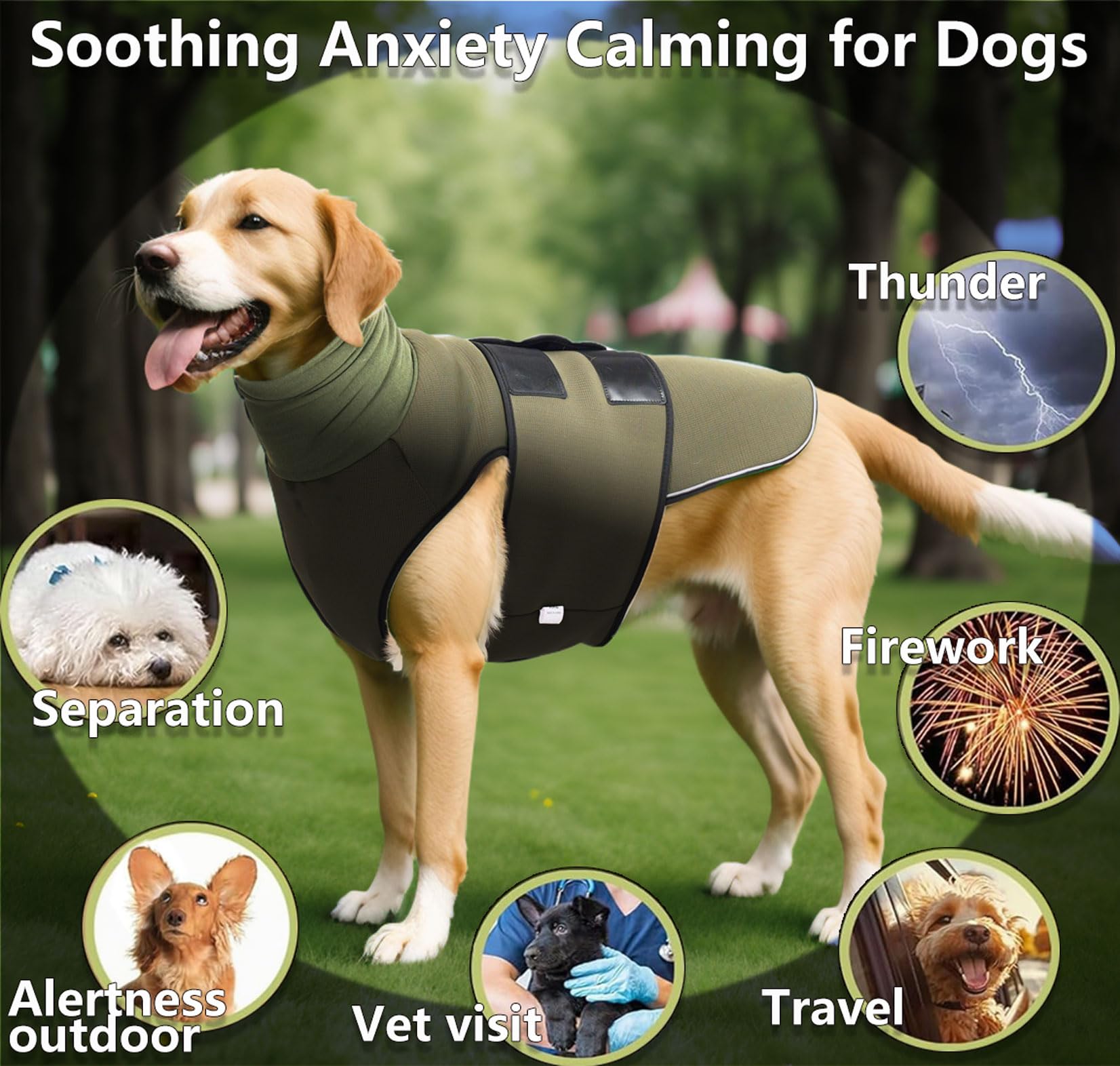Cappotto Anti Ansia per Cane con Copricapo Cappelli Giacca per Ansia per Cani Mesh Traspirante Cinghia con Chiusura a Strappo Regolabile Strisce Riflettenti Calmare L'ansia del Cane (Olive XS)