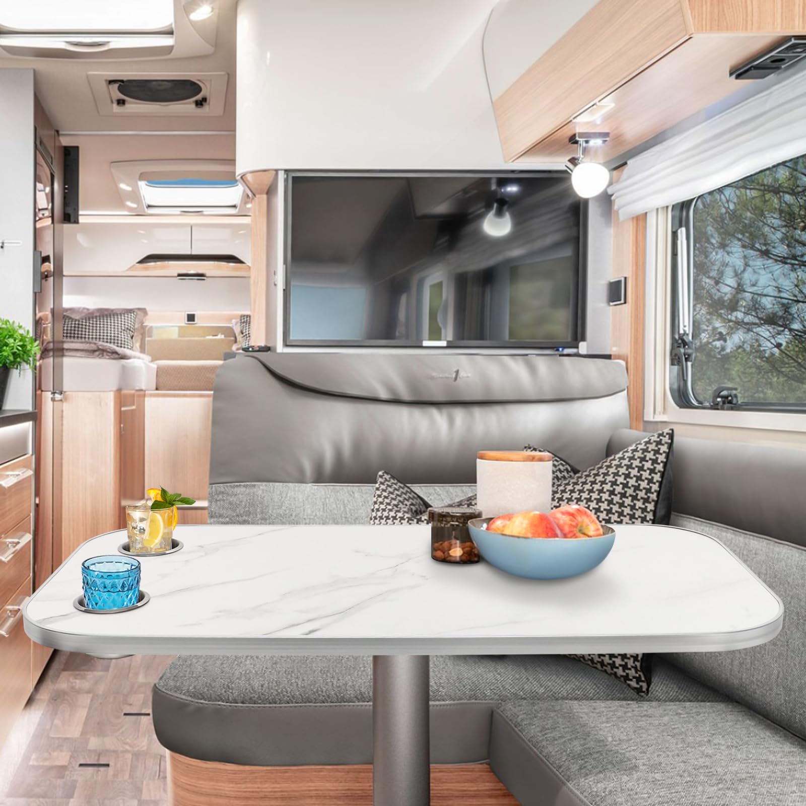 Ersatz-Tischplatte für Wohnmobile, Ponton, Boot, Wohnmobil, mit 2 Getränkehaltern, stabiles Sperrholz mit silberfarbener Metallverzierung für Wohnmobil, Yacht, Camper, Marine