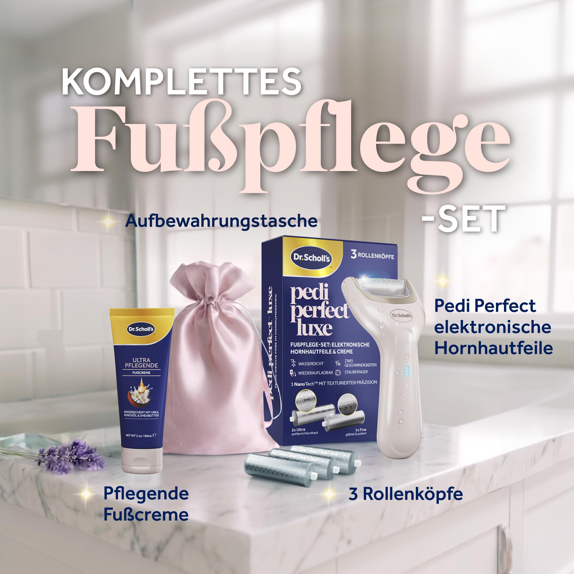 Dr. Scholl’s Pedi Perfect Luxe Wasserdichter, Wiederaufladbarer, Elektrischer Fußhornhautentferner mit x3 Rollenköpfen – Entfernt harte Haut für weiche schöne Füße, 90 Minuten Laufzeit,