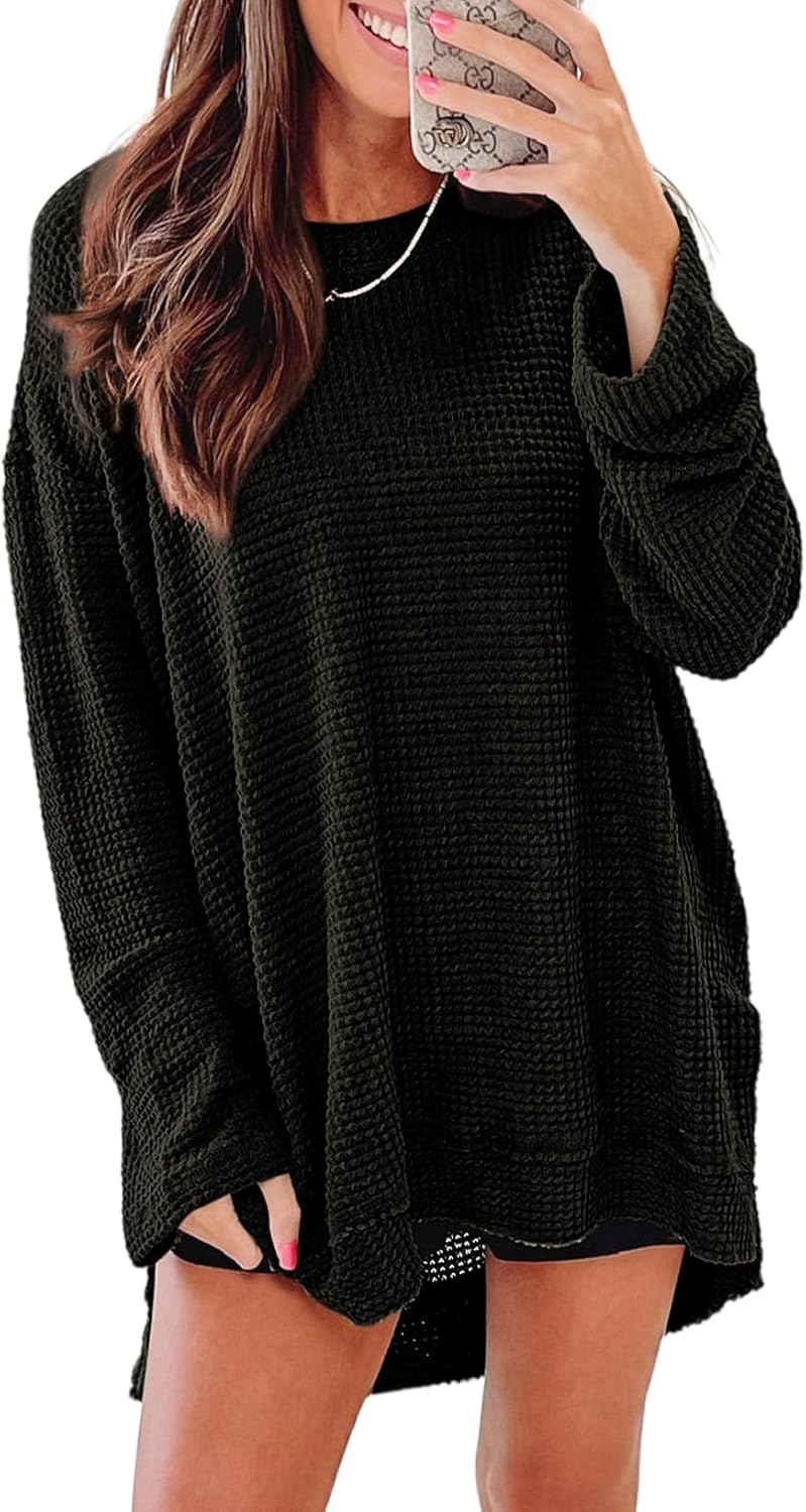 SHEWIN Long Sleeve Shirts For Women Oversized Sweatshirt Crewneck Waffle Knit Fall Tops for Women 2025