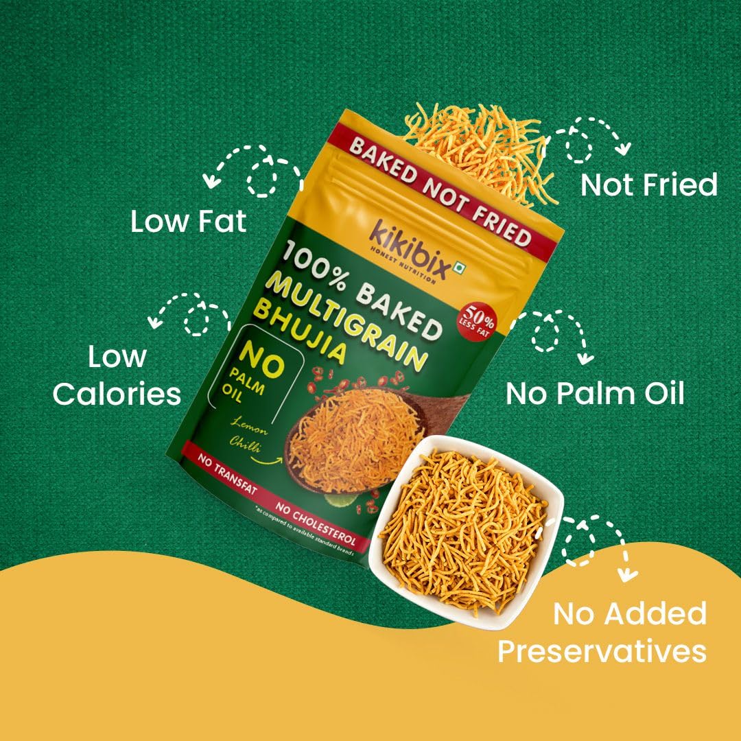 Kikibix Baked Chatpata Bhujia Healthy Snacks & Namkeen for diabetics, Low Fat, Low Calories, High Protein Bhujiya Diet Mixture- lemon Chilli Flavor No Palm Oil, Baked Not Fried (Pack of 2) - Image 3 thumbnail