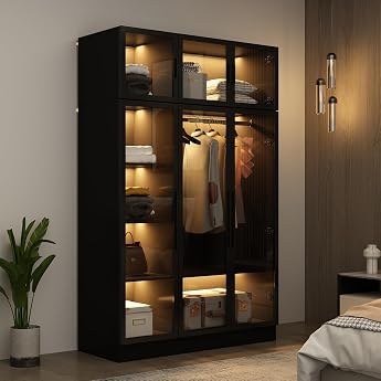 DEZAGCE Tempered Glass Wardrobe 6 Door Wardrobe with Built-in 5 Segment Light Bar, Bedroom Cabinet with Multilayer Shelves, M