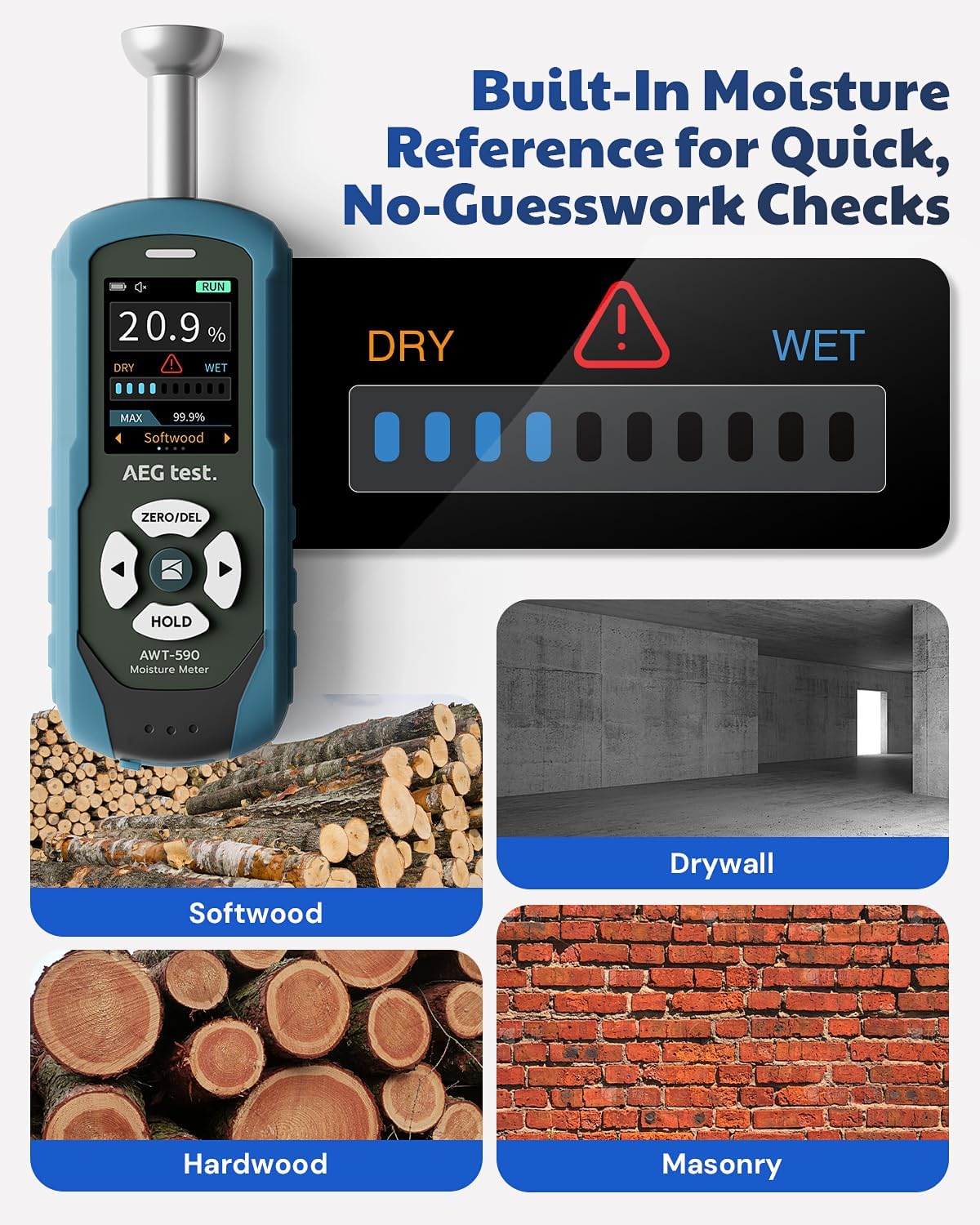 AWT-590 Rechargeable Pinless Moisture Meter for Wood, Drywall & Masonry, Wood Moisture Meter with Adjustable Alarm, Data Records, Non-Invasive Hemispherical Water Leak Detector for Home