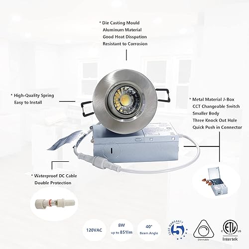 Miniatura 4 de Foco giratorio de cardán empotrado sin canless, foco giratorio de 5 CCT, lámpara de techo regulable, con caja de conexiones, 8 W CCT ajustable