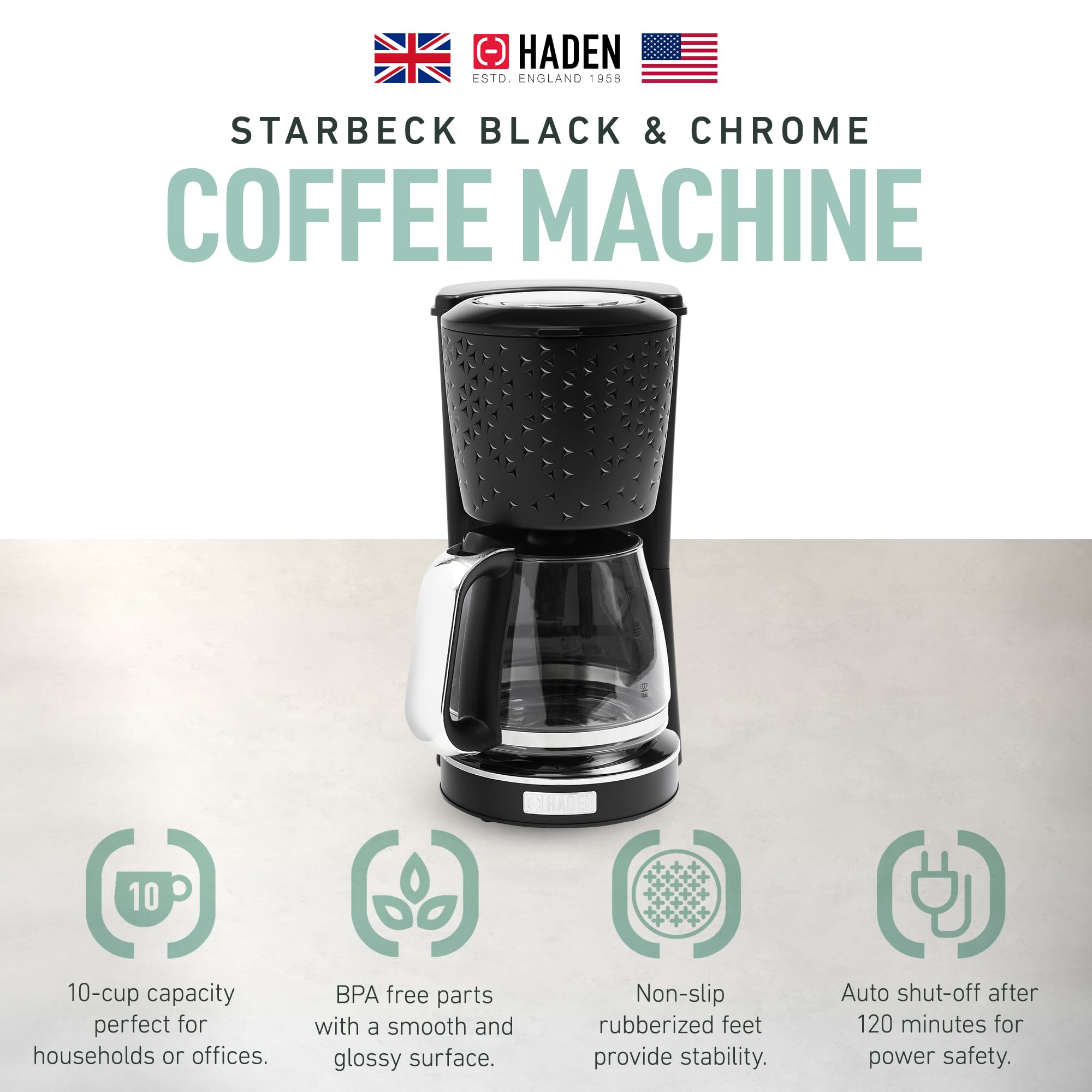 HADEN Starbeck Coffee Machine, 10 Cup Automatic Drip Coffee Maker with Anti-Drip Function and Reusable Washable Water Filter, Black & Chrome