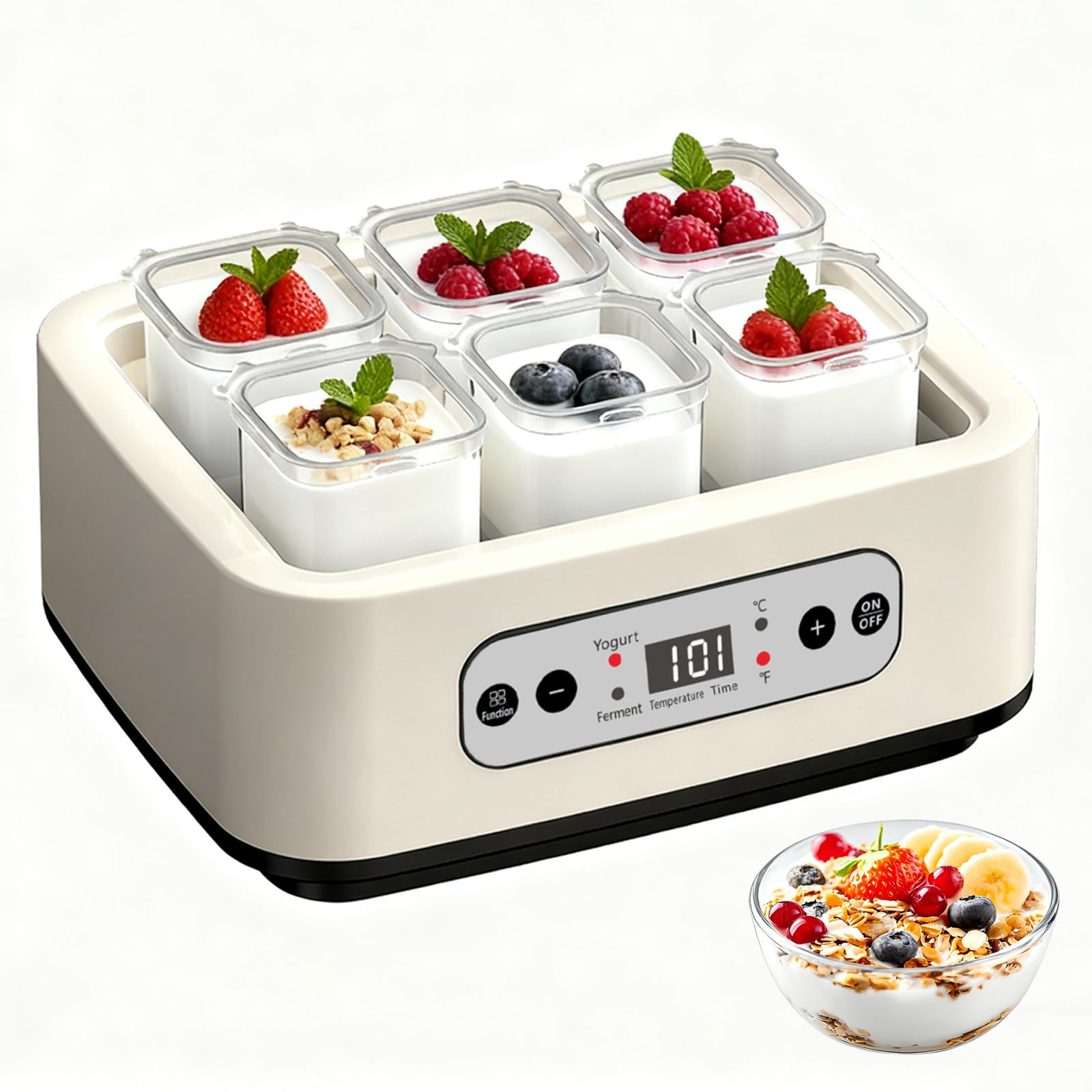 Yogurtera, Máquina Eléctrica De Fermentación De Yogur De 20W con 6 Frascos De Vidrio De 250 ml, Control De Temperatura Y Temporizador, Yogurtera Multifuncional para Vino De Arroz Casero Y Postres