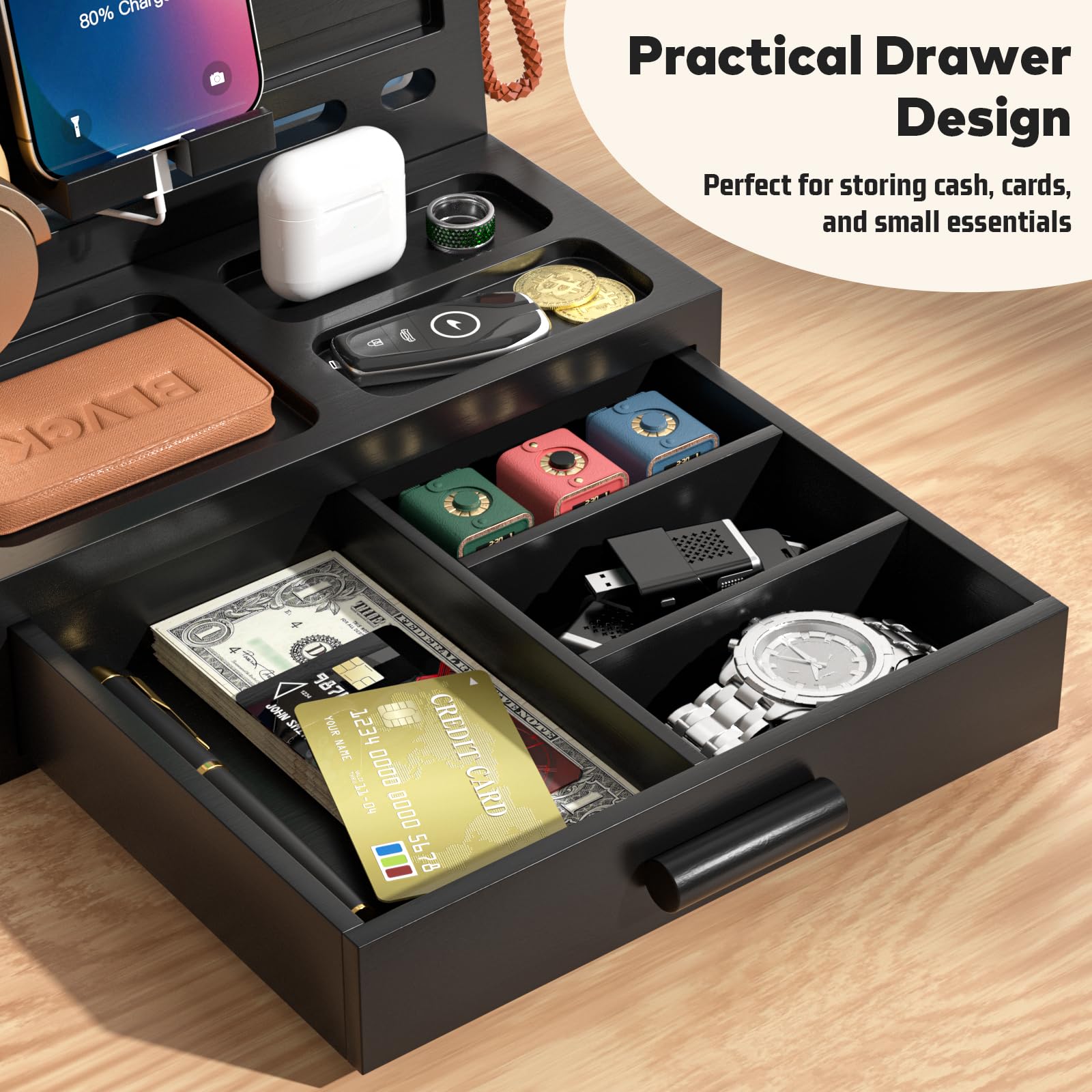 Sephyroth Docking station per telefono in bambù, organizer per comodino, supporto per cellulare, regalo per uomini, regalo di Natale per fidanzato, regalo per marito, con cassetto portaoggetti (nero)