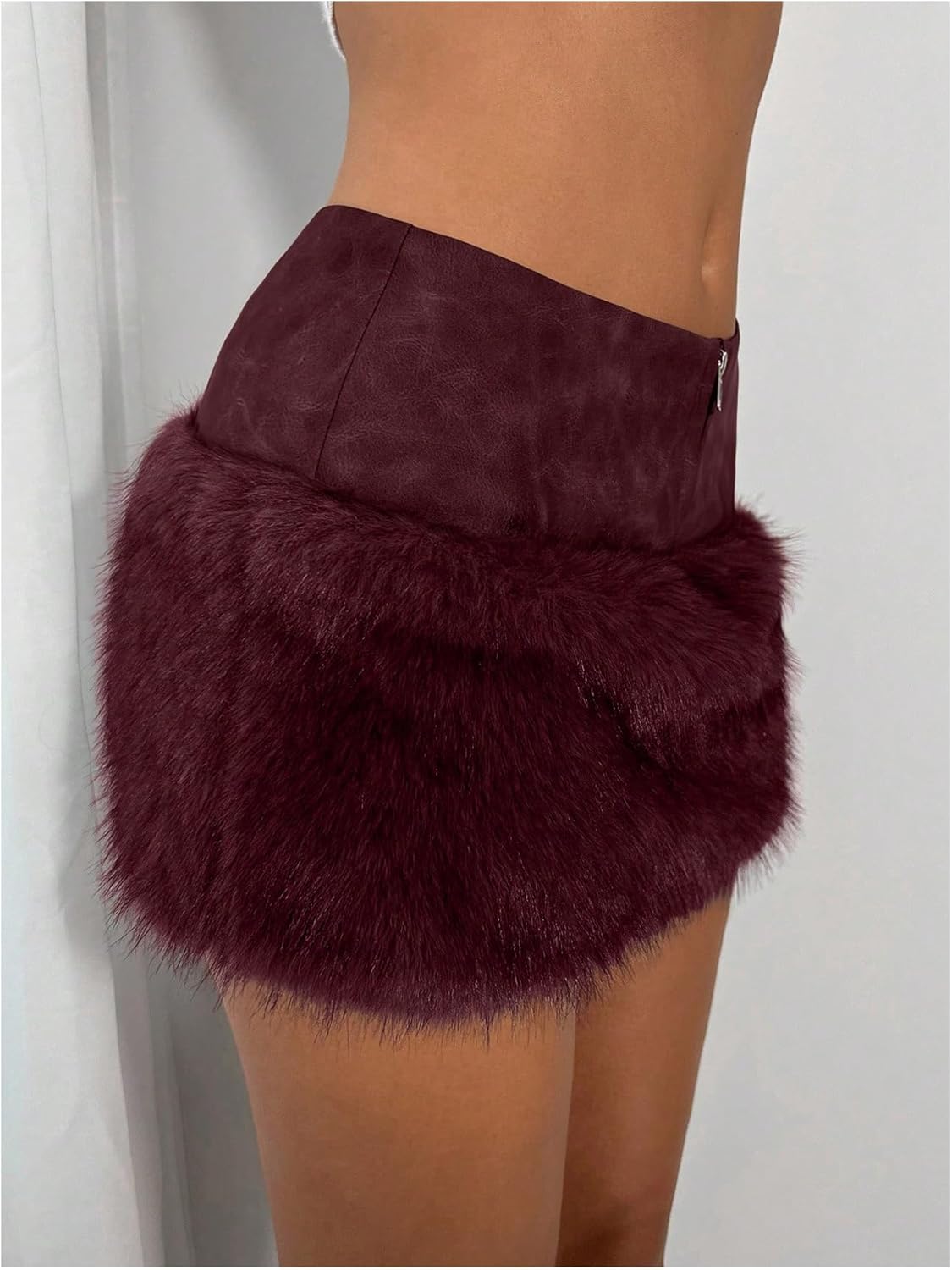 MakeMeChic Women's Faux Fur PU Leather Mini Skirt Bodycon Low Rise Y2K Micro Skirts
