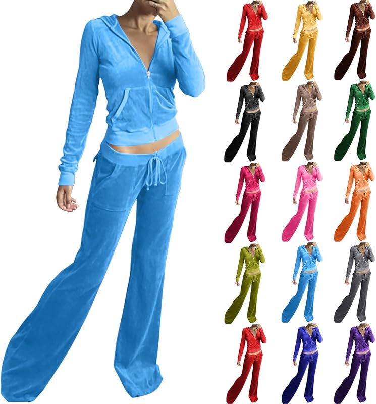 Velour Tracksuit Womens Two Piece Lounge Set Long Sleeve Zip up Hooded Jacket Wide Leg Pants Y2k Sweatsuit Set