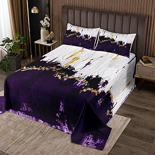 Rustic Purple White Bedspread King Size,Vintage Farmhouse Wood Door Bedding Set,Hippie Style Graffiti Art Comforter Set for Kids Girls Boys Woman Room Decor,Gold Glitter Coverlet Quilt 3Pcs