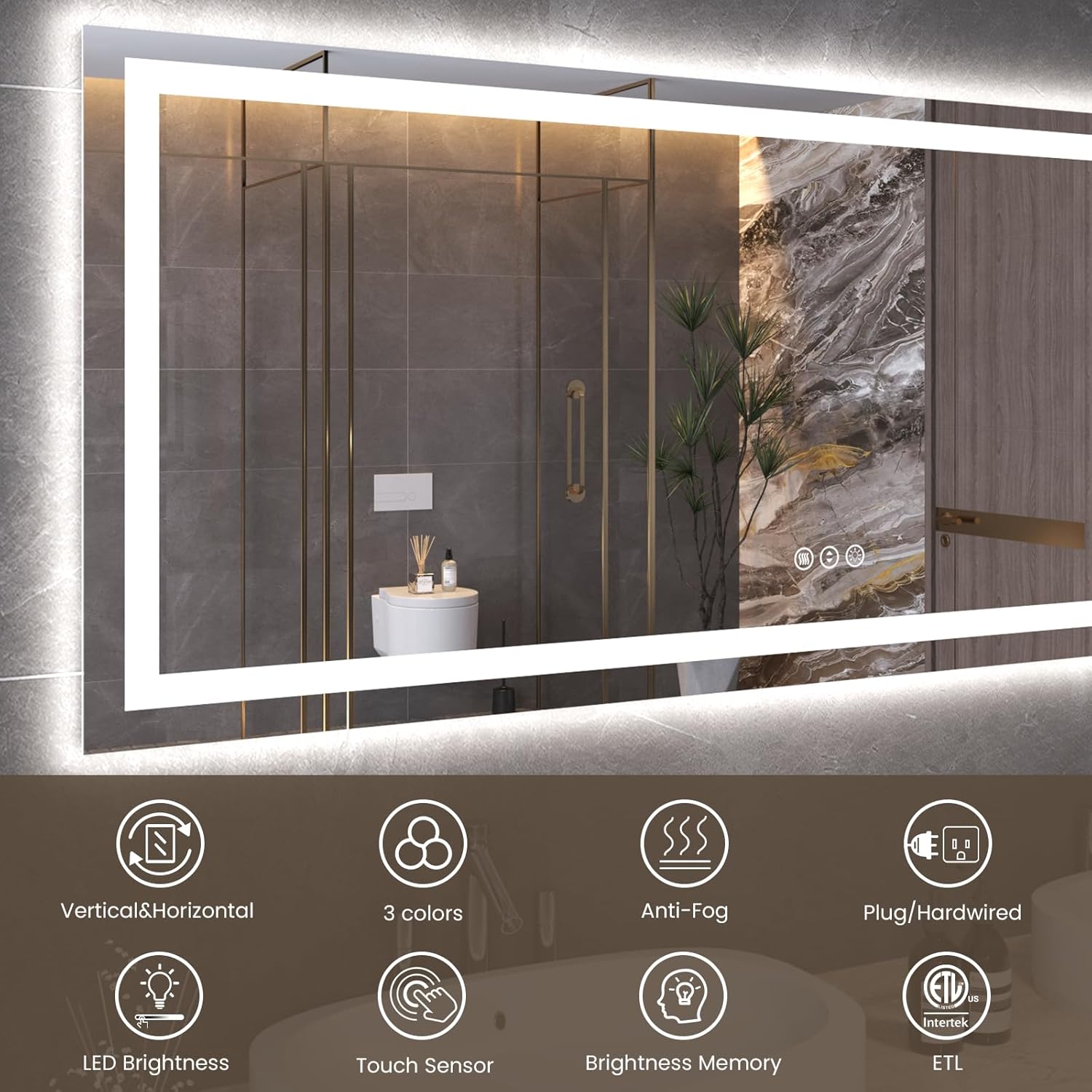 Snowdool 60"X24" LED Bathroom Mirror with Front Lights and Backlit, Anti-Fog, Dimmable, Shatter-Proof Tempered Glass, Lighted Bathroom Vanity Mirror for Wall with 3 Colors, Memory Function