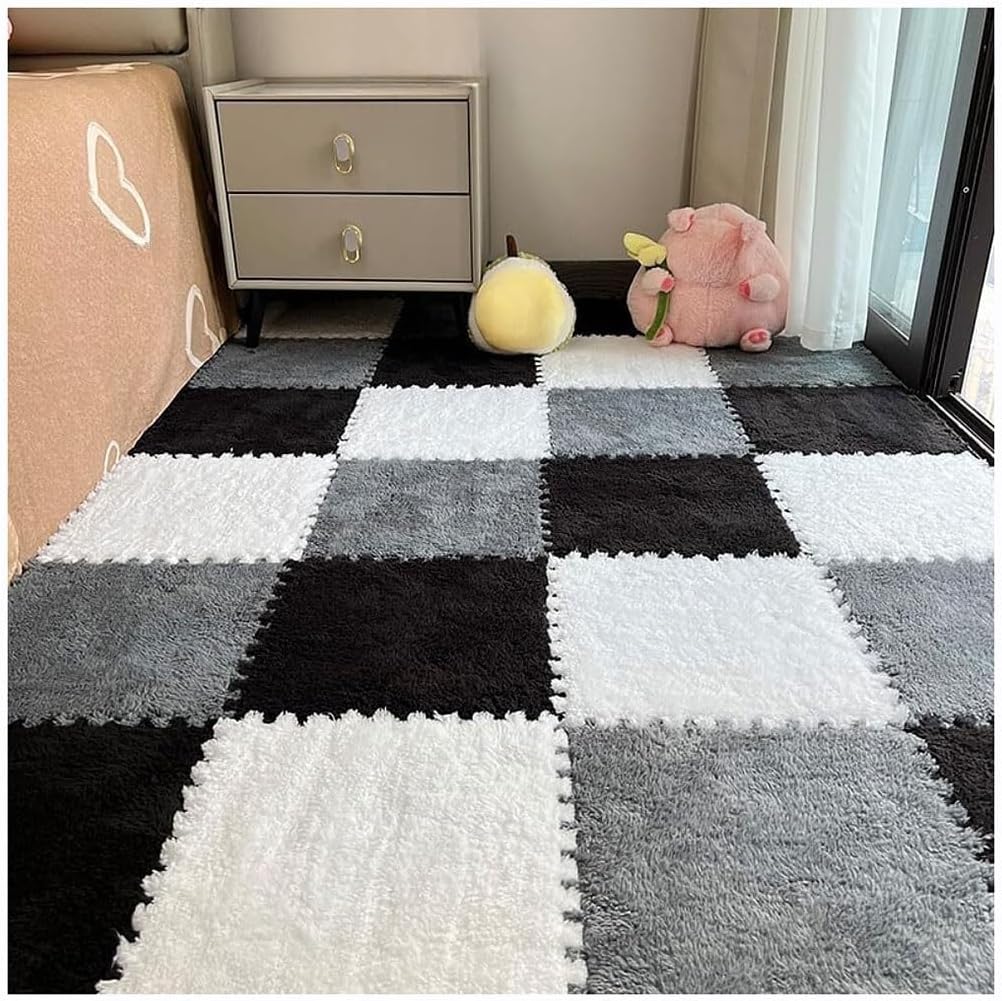 Thickened Plush Foam Interlocking Floor Carpet Mat Fluffy Square Puzzle Foam Carpet Tiles with Edgings Soft Anti-Slip Shaggy Area Rug Playmat(White+Gray+Black,12 pcs)