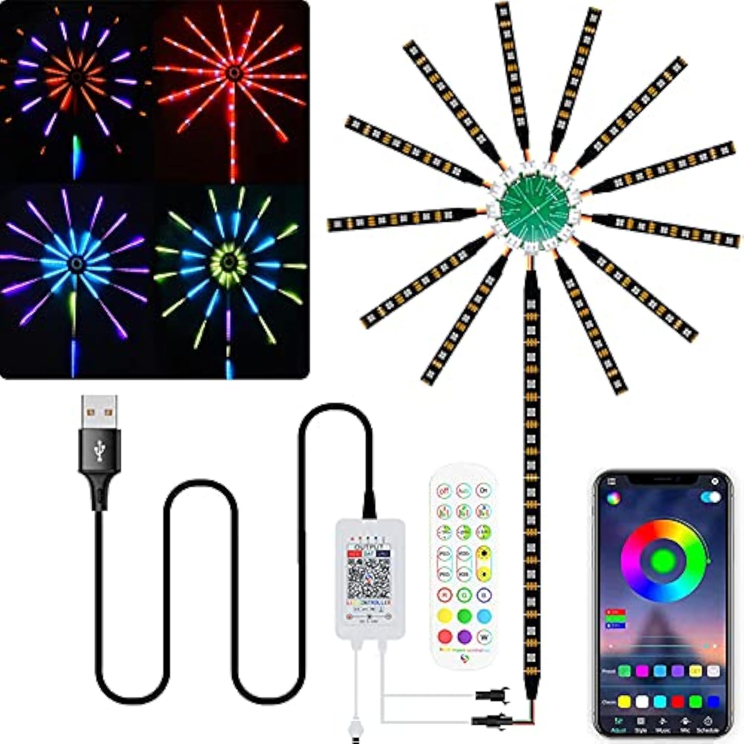 ICIH Firework LED Strip Lights Dream Color RGB Changing Music Sound Sync Bluetooth Firework Lights with Remote Control DC 5V USB LED Strip Lights for Home,Party,Storefront,Window,Holiday Decoration