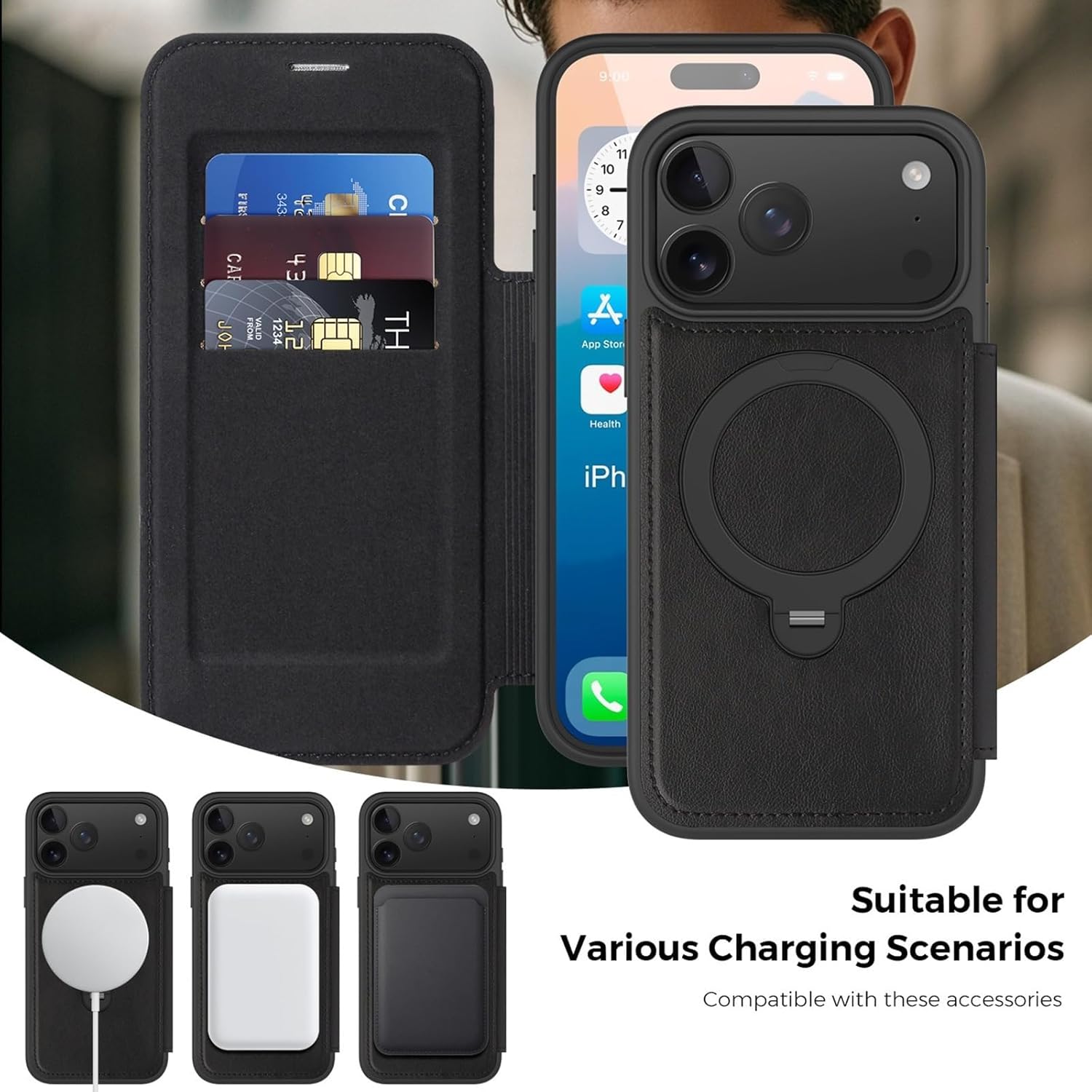 Business Style Flip Leather Purse Case for iPhone 17/17 Air/17 Pro/17 Pro Max, Magnetic Swivel Ring Stand & Shockproof Protection Cover(Gray,17)