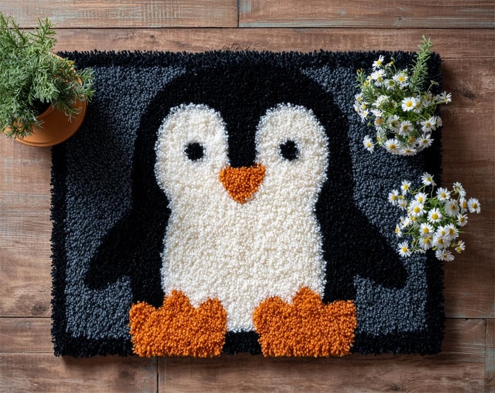 Kitquiver DIY Latch Hook Rug,Cute Little Penguin,Crochet Kits Embroidery Kits Home Carpet Rug Making Canvas,Needlework Crafts for Home Decor 39X55In