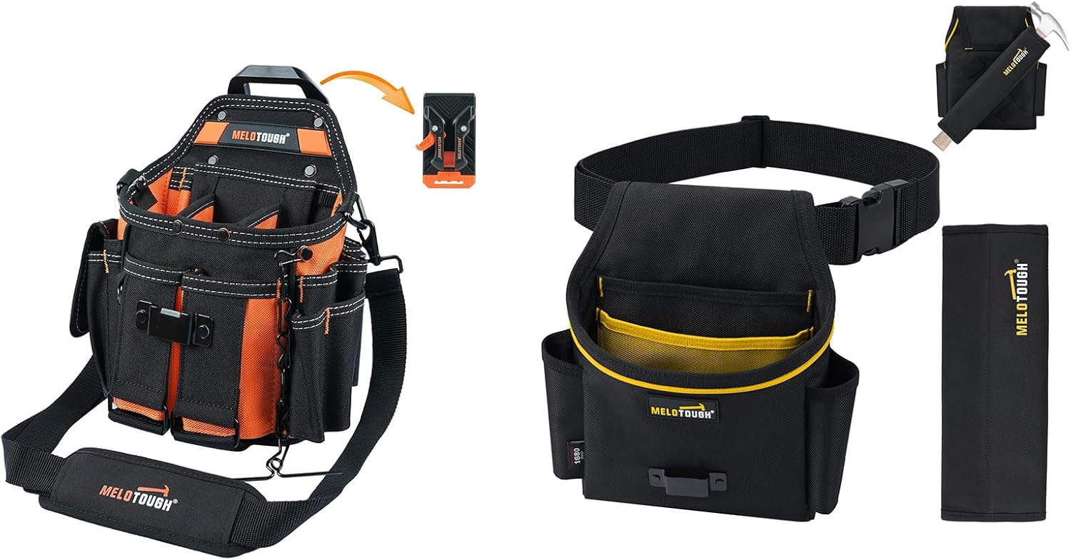 MELOTOUGH Electrician Tool Pouch Bag with Shoulder Strap, Tool Belt Pouches with Detachable Hammer Holster for Electrician, Carpenter, Construction