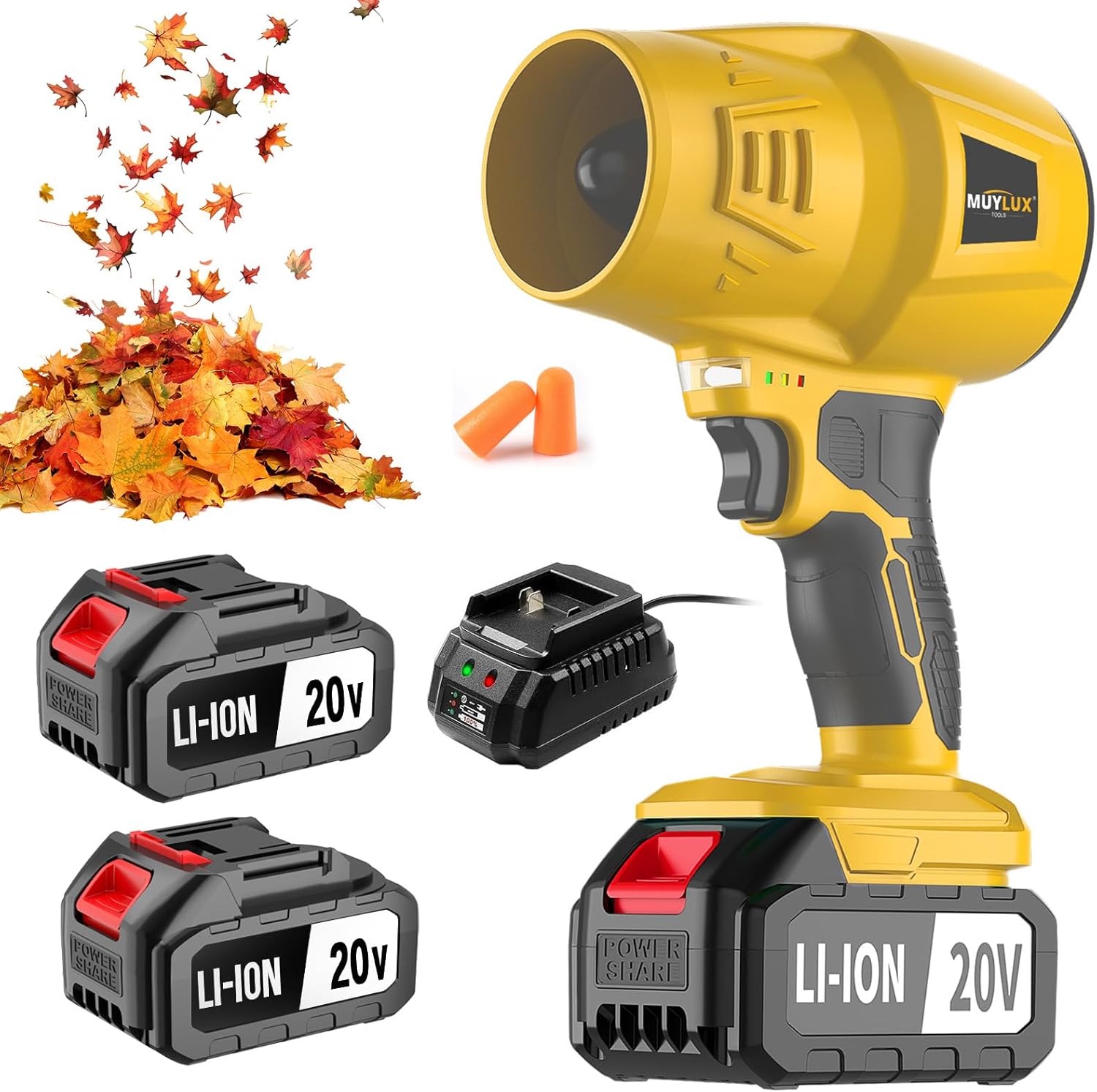 2 X 4.0Ah Electric Cordless Leaf Blower, 500,000RPM Handheld Leaf Blower with Battery and Charger, Lightweight Leaf Blowers for Patio Cleaning, Lawn Care, Blowing Leaves and Dust, Yellow