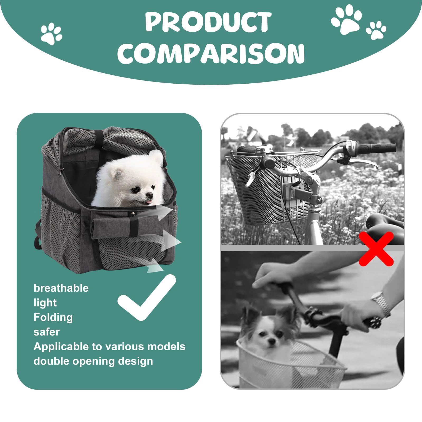 Bigking Borsa per Bicicletta per Animali Domestici, Cestino Anteriore per Cani, Cestino Pieghevole per Bicicletta, Adatto per Equitazione All'aperto E Campeggio Con Animali Domestici (Grigio)