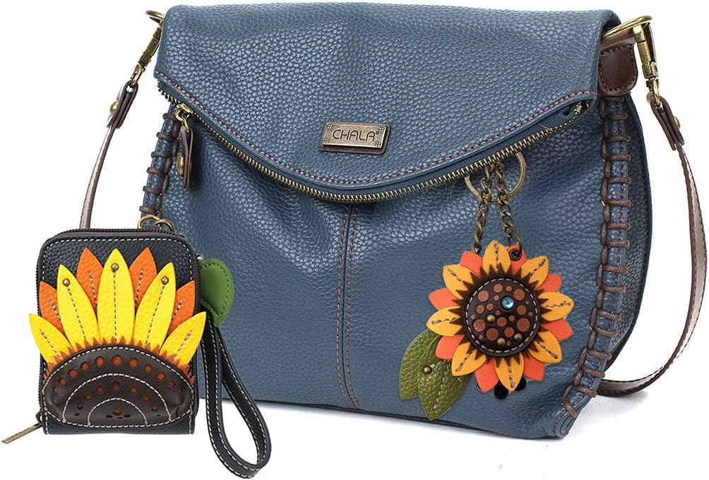 CHALA Vegan Leather Charming Crossbody Handbag with Sunflower Key Fob and Mini Wallet (Navy_ Sunflower Combo)
