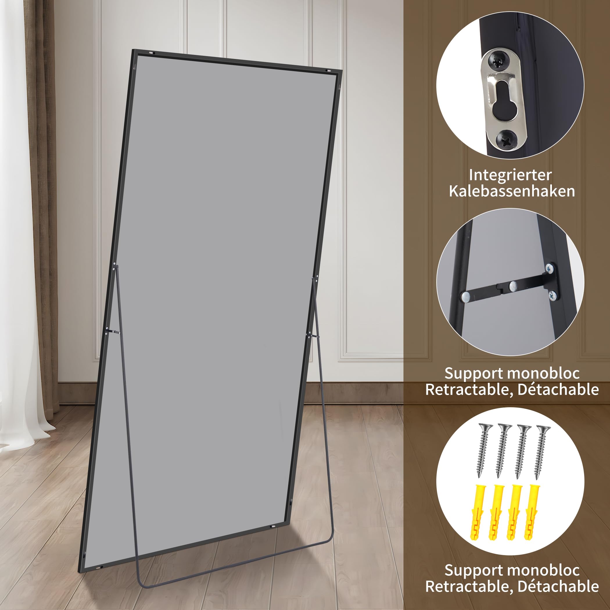 KOCUUY Rechteckig Ganzkörperspiegel, 192 x 85 cm Großer Standspiegel, Groß Wandspiegel mit Schwarz Aluminium Rahmen, Hängend, Stehend, Kippbar, für Wohnzimmer, Schlafzimmer und Flure