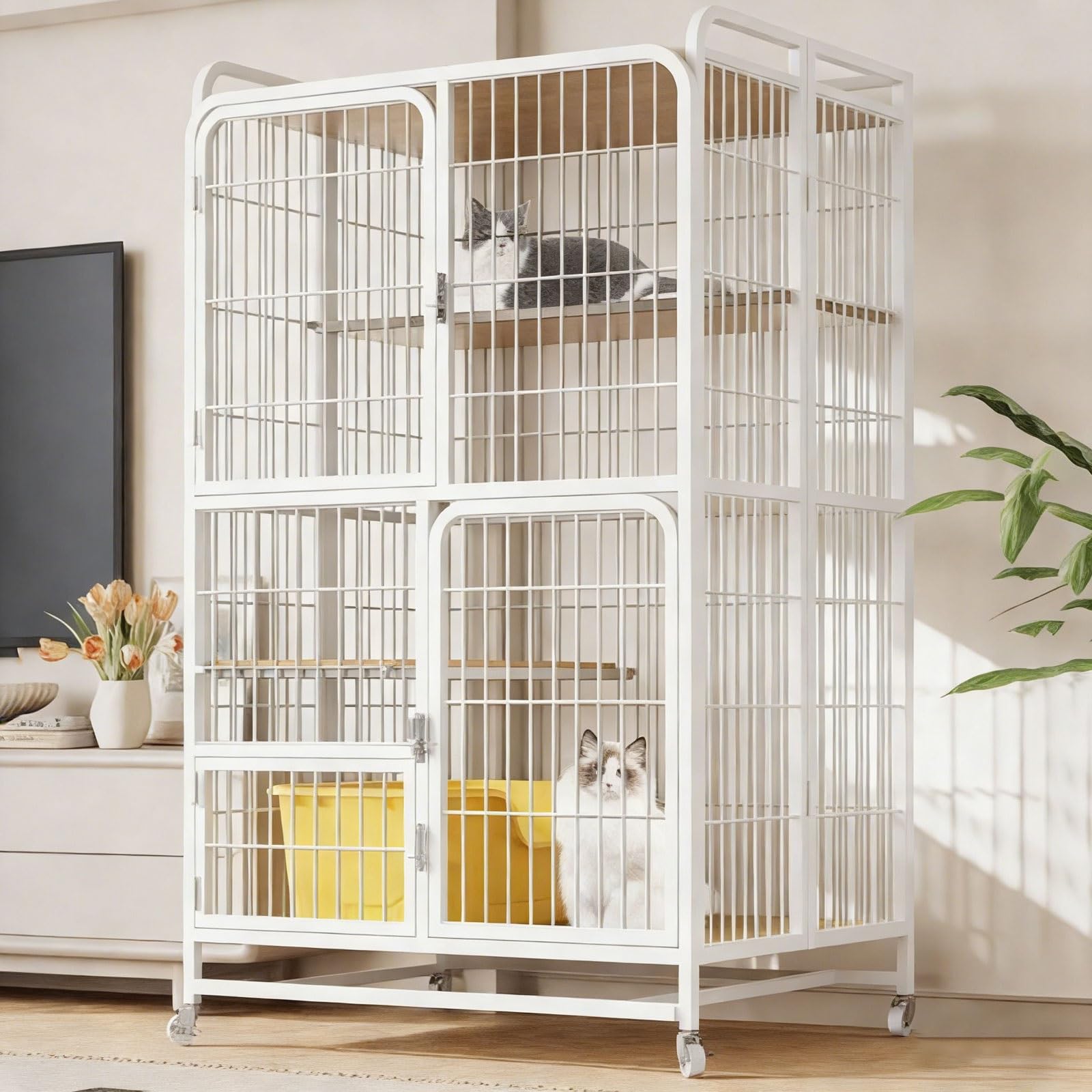 Gabbia pieghevole per gatti in legno massello, area gioco multizona, facile da montare, cassetto, rotelle