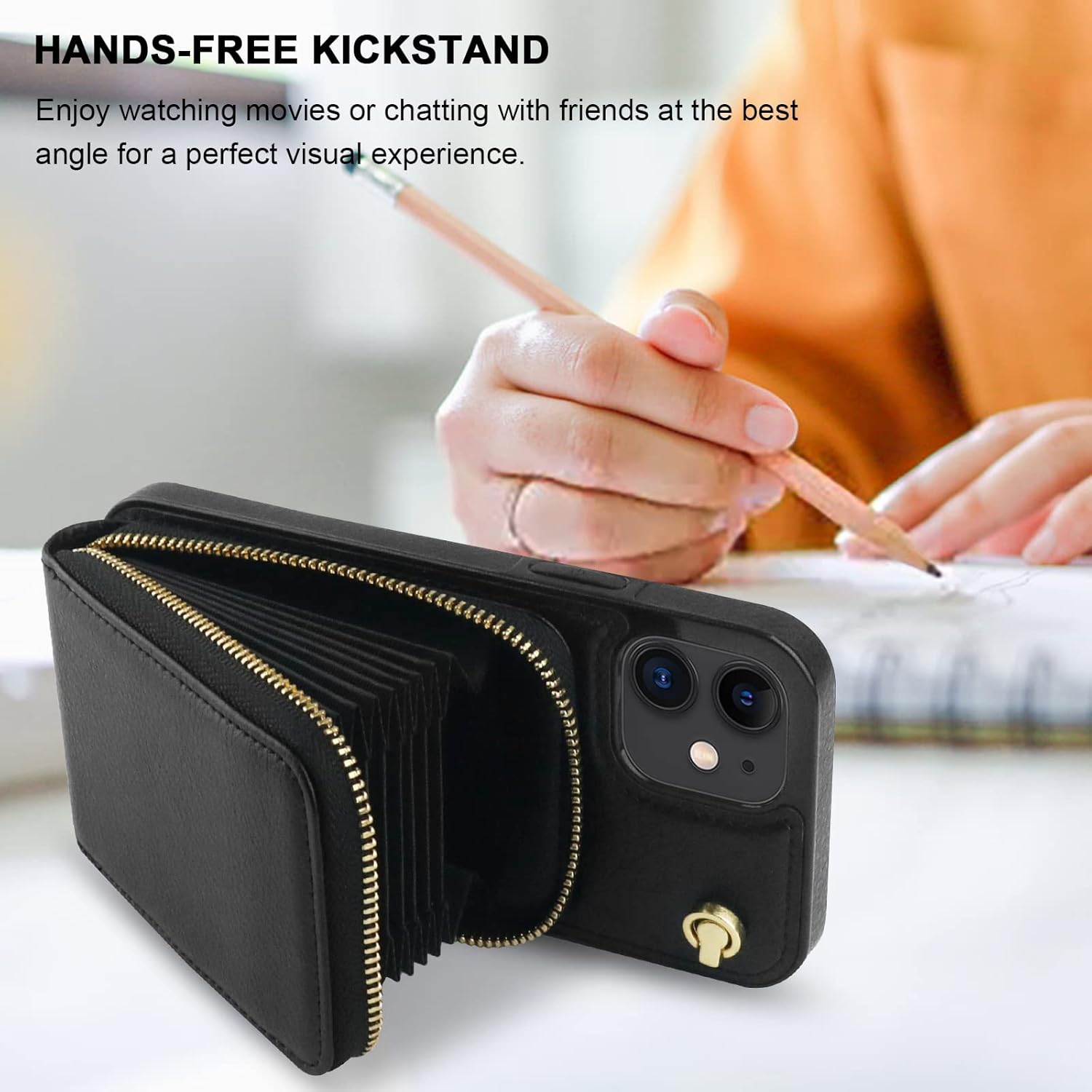 KIHUWEY Crossbody Wallet Case for iPhone 12/12 Pro, Zipper Pocket Case with Card Holder, PU Leather Protective Cover Case with Kickstand Detachable Wrist Strap Lanyard 6.1"(Black)
