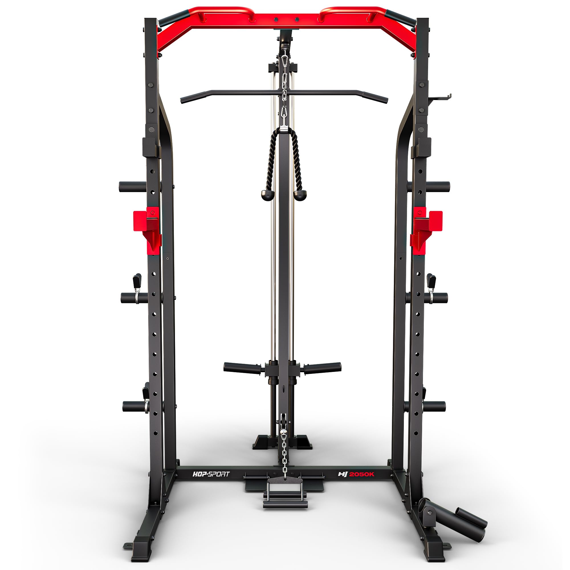 Hop-Sport Power Rack HS-2050K mit Latzug und Kabelzugstation, Power Cage mit Klimmzugstange, Sicherheitsablagen, Landmine, Squat Rack und Langhantelablage für Home Gym Krafttraining zuhause