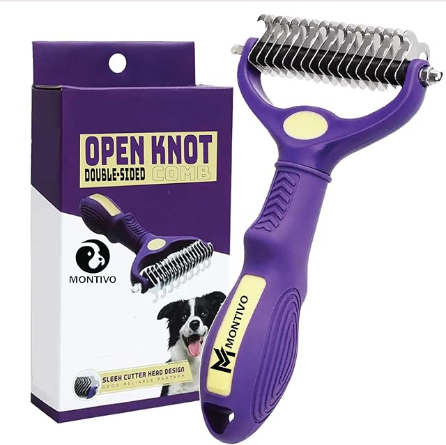 MONTIVO Dog Grooming Tool Undercoat Rake for Dogs & Cats - Double-Sided Dog Grooming Brush for Detangling to Gently and Effectively Remove Mats, Knots, and Tangles (Purple)